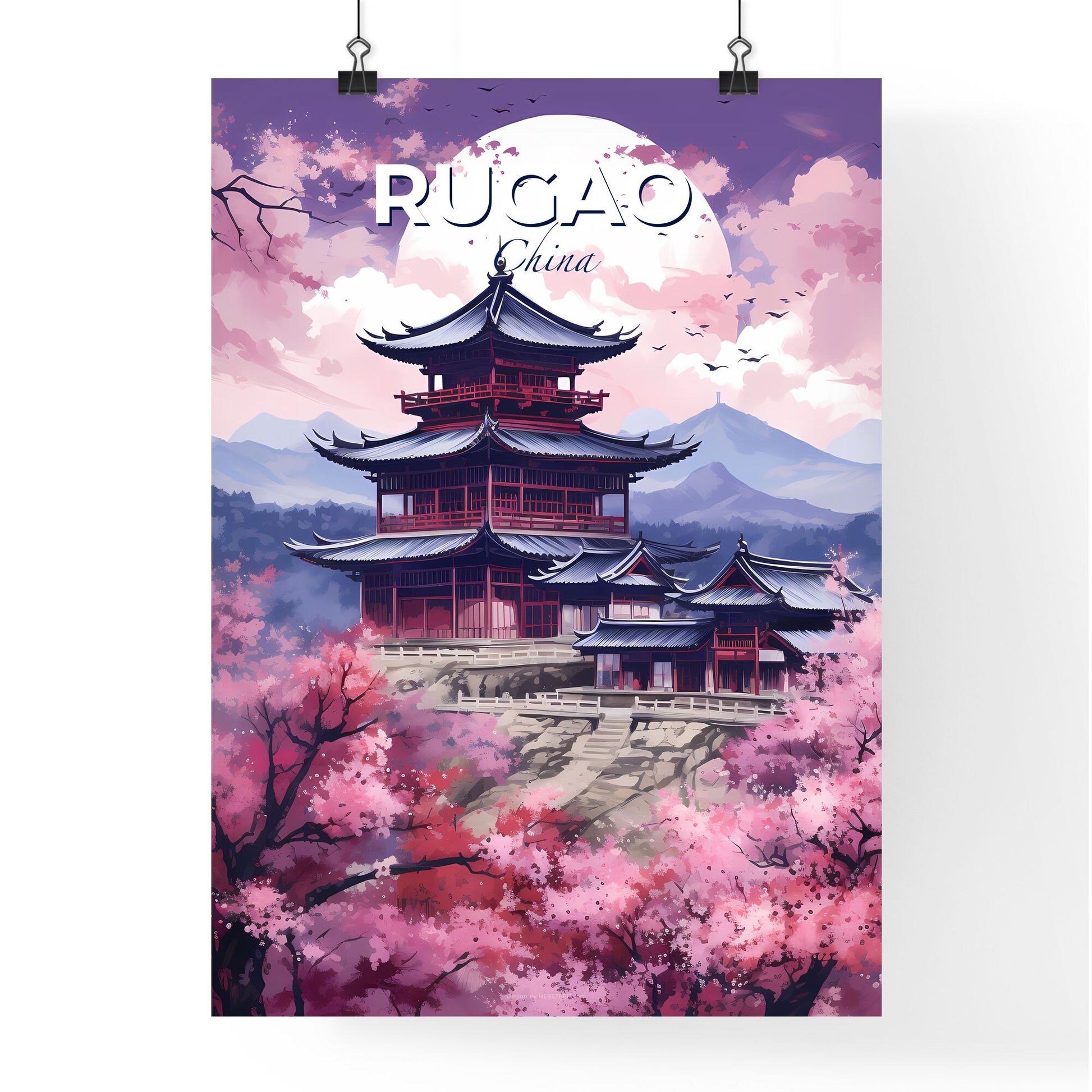 Colorful Impressionist Painting of Rugao China Skyline with Pagoda and Cherry Blossoms Default Title