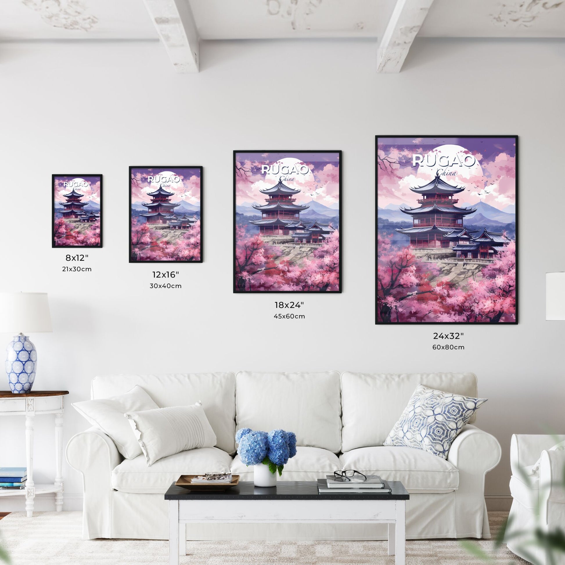 Colorful Impressionist Painting of Rugao China Skyline with Pagoda and Cherry Blossoms Default Title