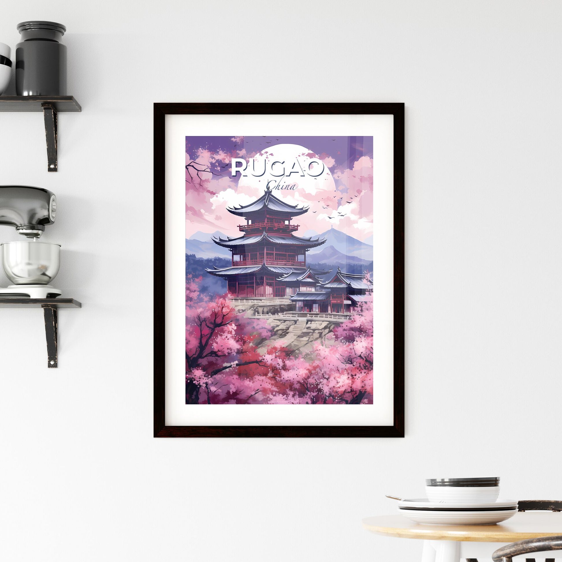 Colorful Impressionist Painting of Rugao China Skyline with Pagoda and Cherry Blossoms Default Title