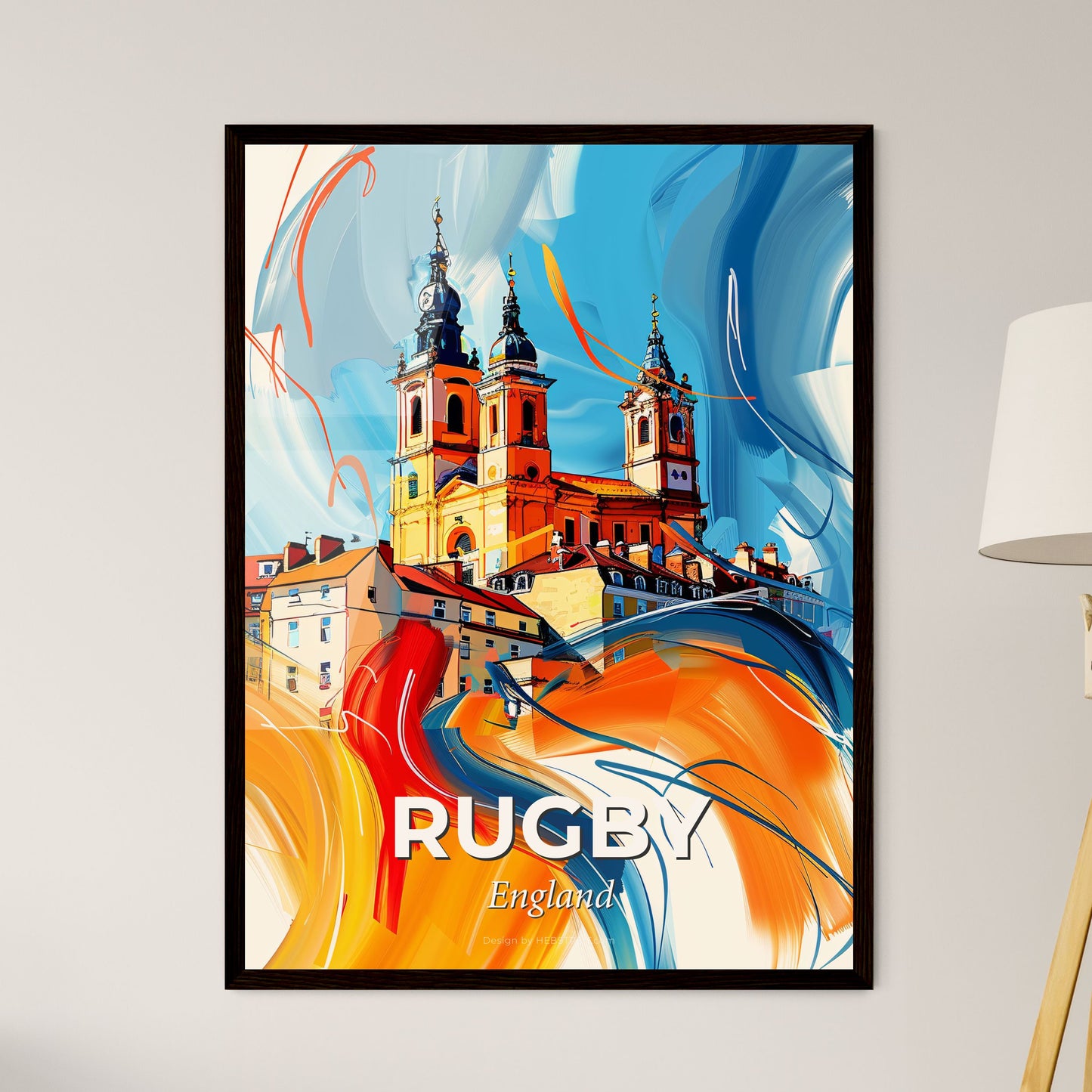 Vibrant Rugby, England - A Painting Of A Building With Towers