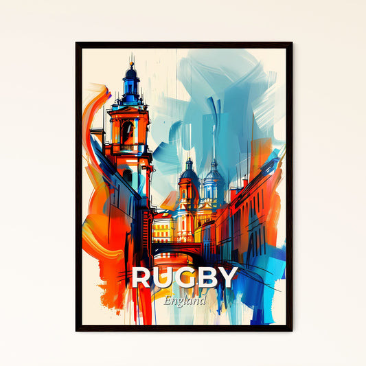 Vibrant Rugby, England - A Painting Of A Building With A Tower And A Bridge