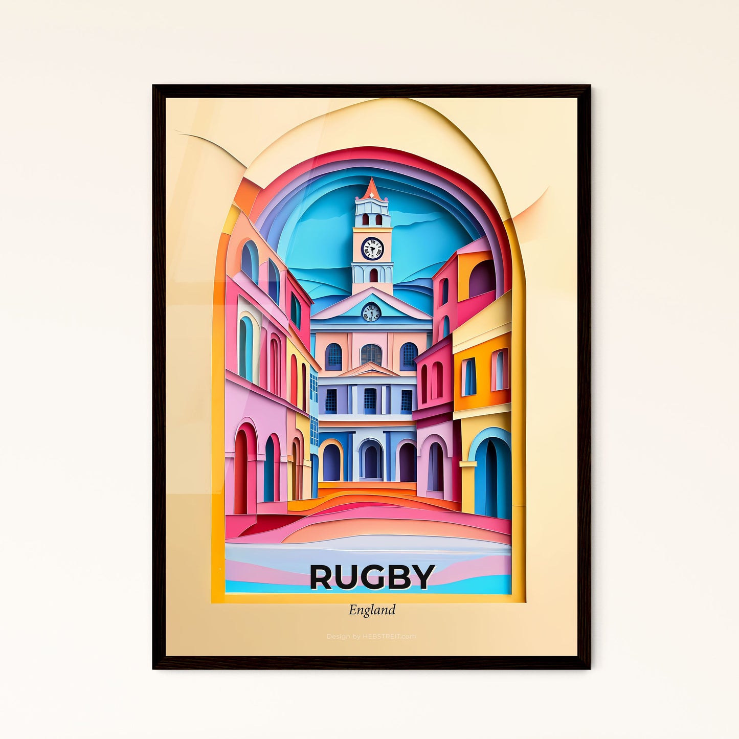 Vivid Rugby, England - a clock tower is seen through a window