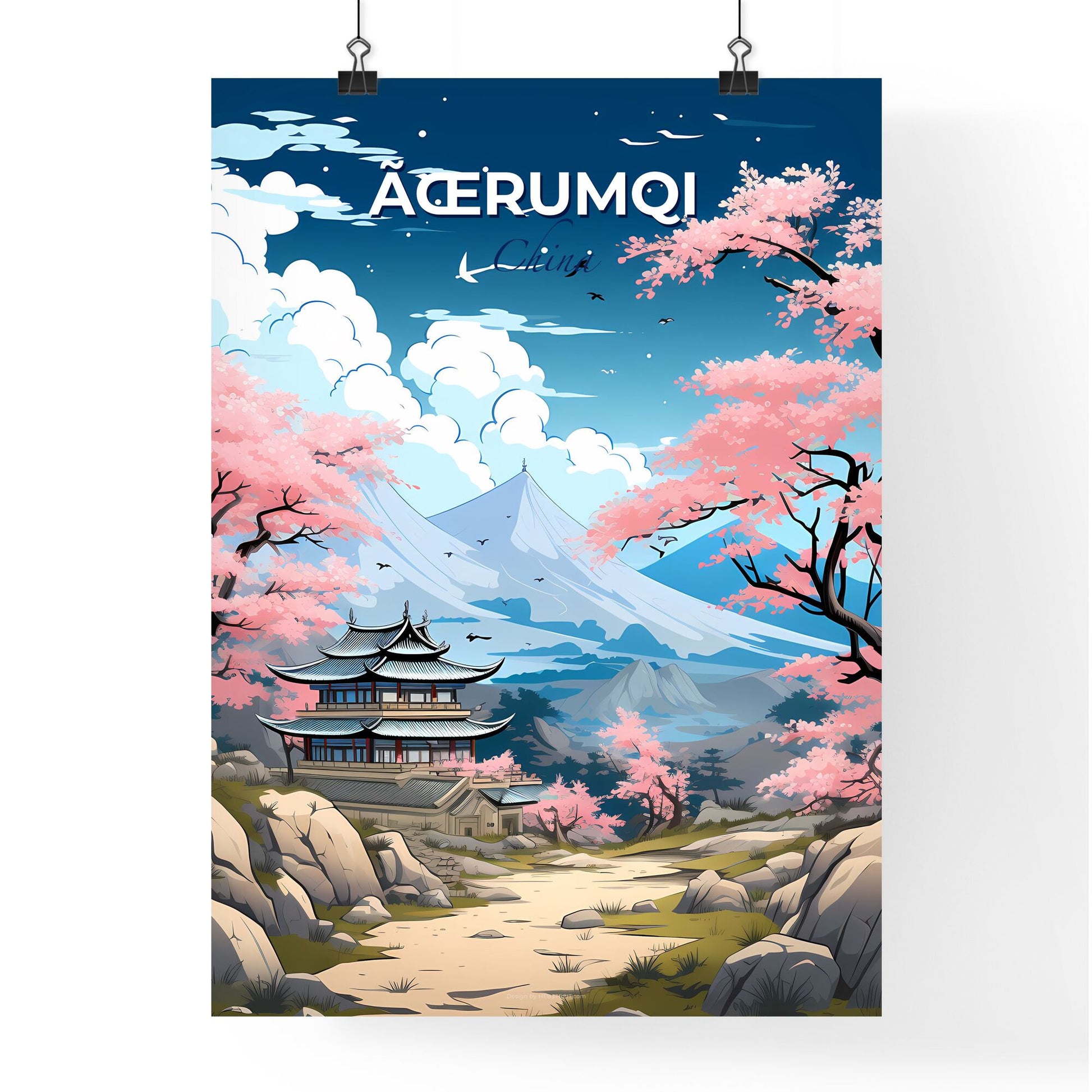 Vibrant Painting of Ürümqi Skyline featuring Pagoda, Mountains, and Pink Trees with Art Focus Default Title