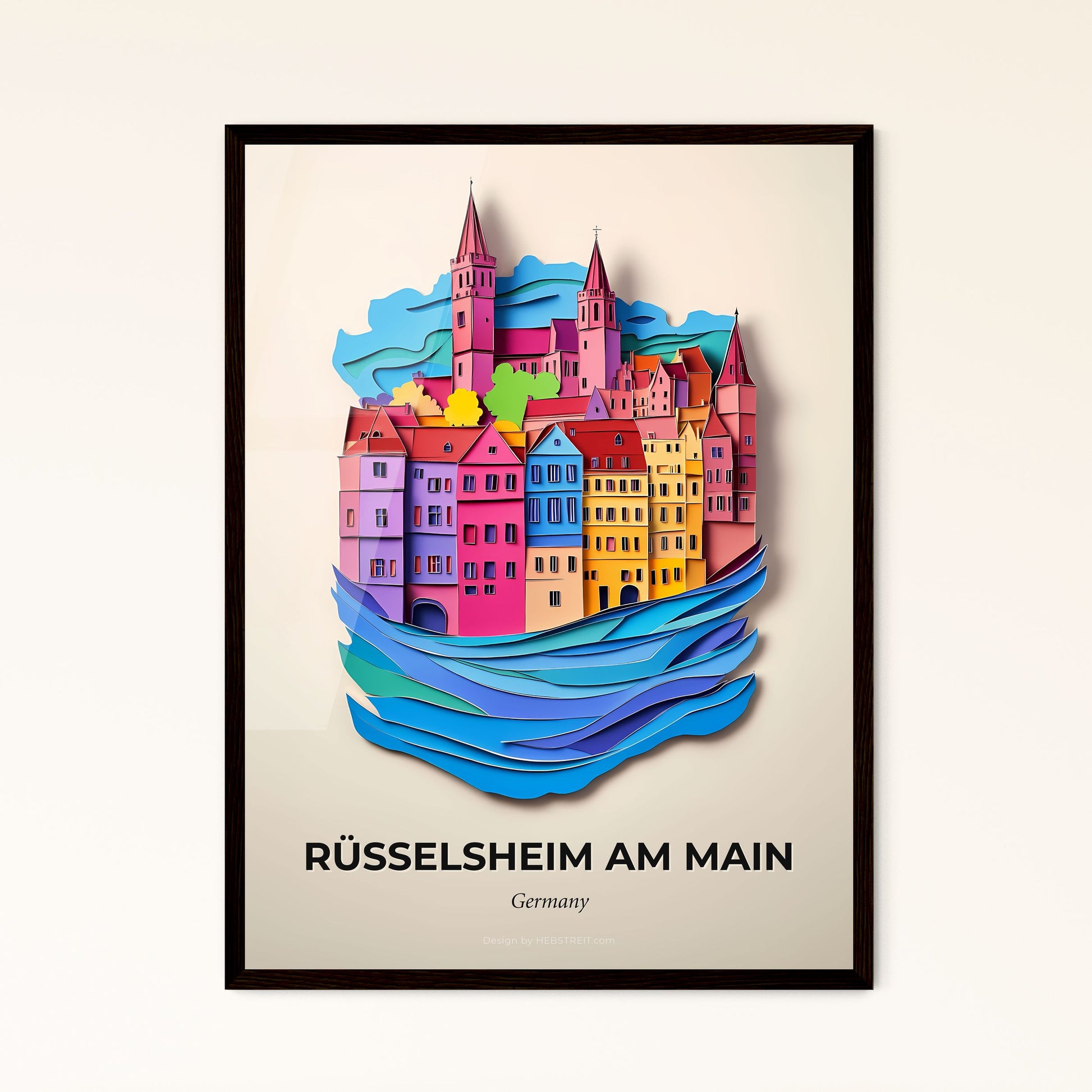 Vivid Russelsheim am Main, Germany - a paper cut of a city with a river