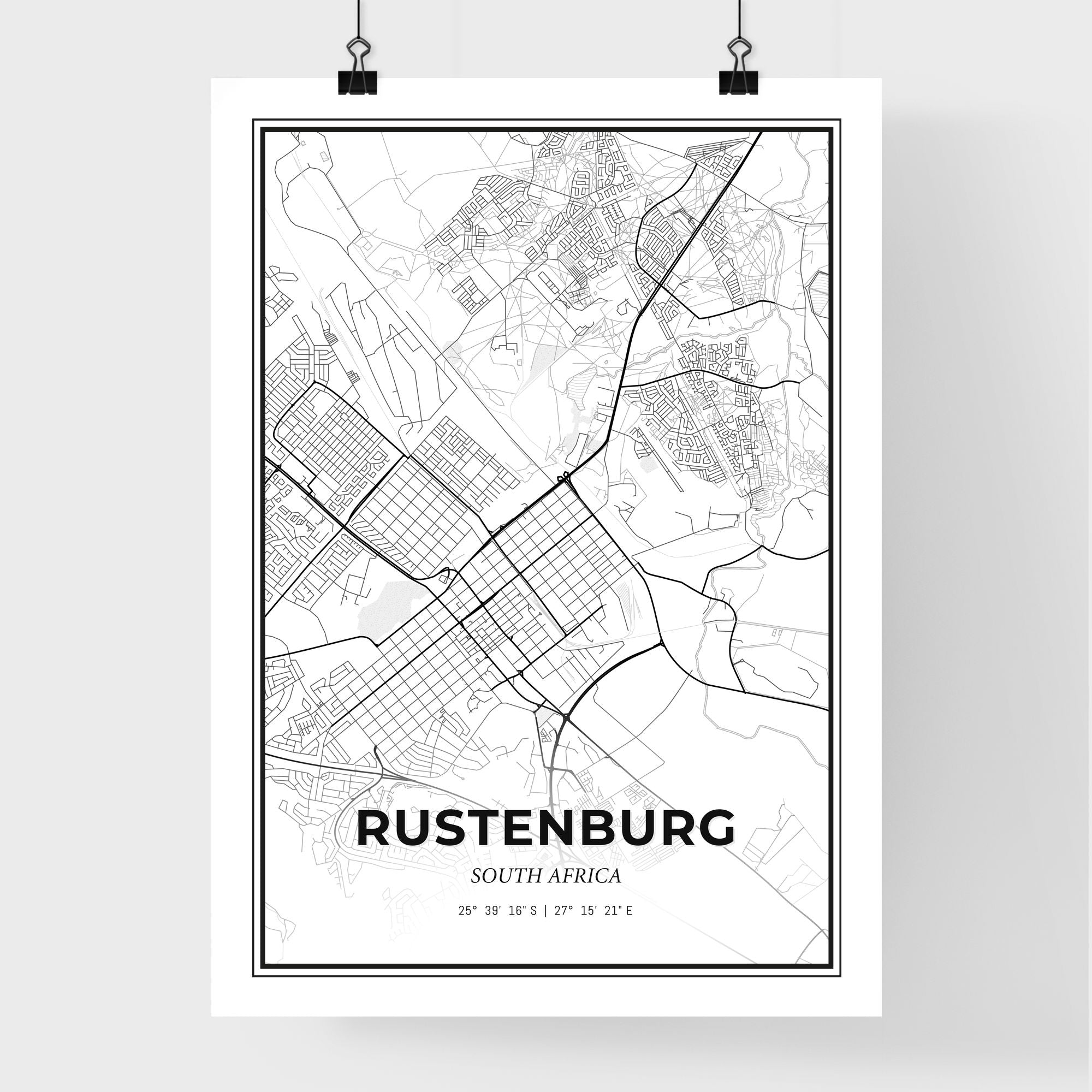 Rustenburg South Africa Map - Black and White Art Print – HEBSTREIT