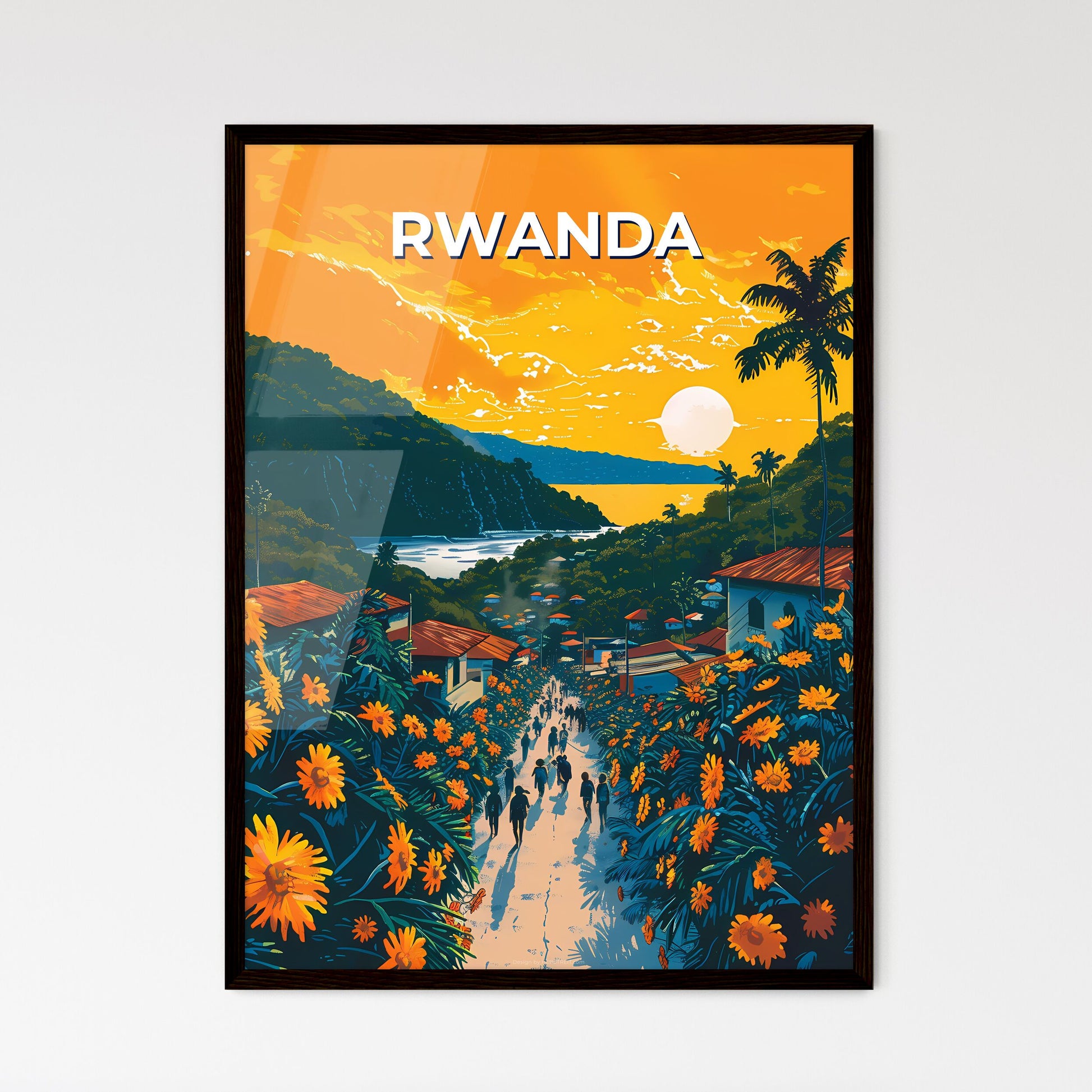 African Street Scene Painting: Vibrant Rwanda Cityscape with Flowers and Trees