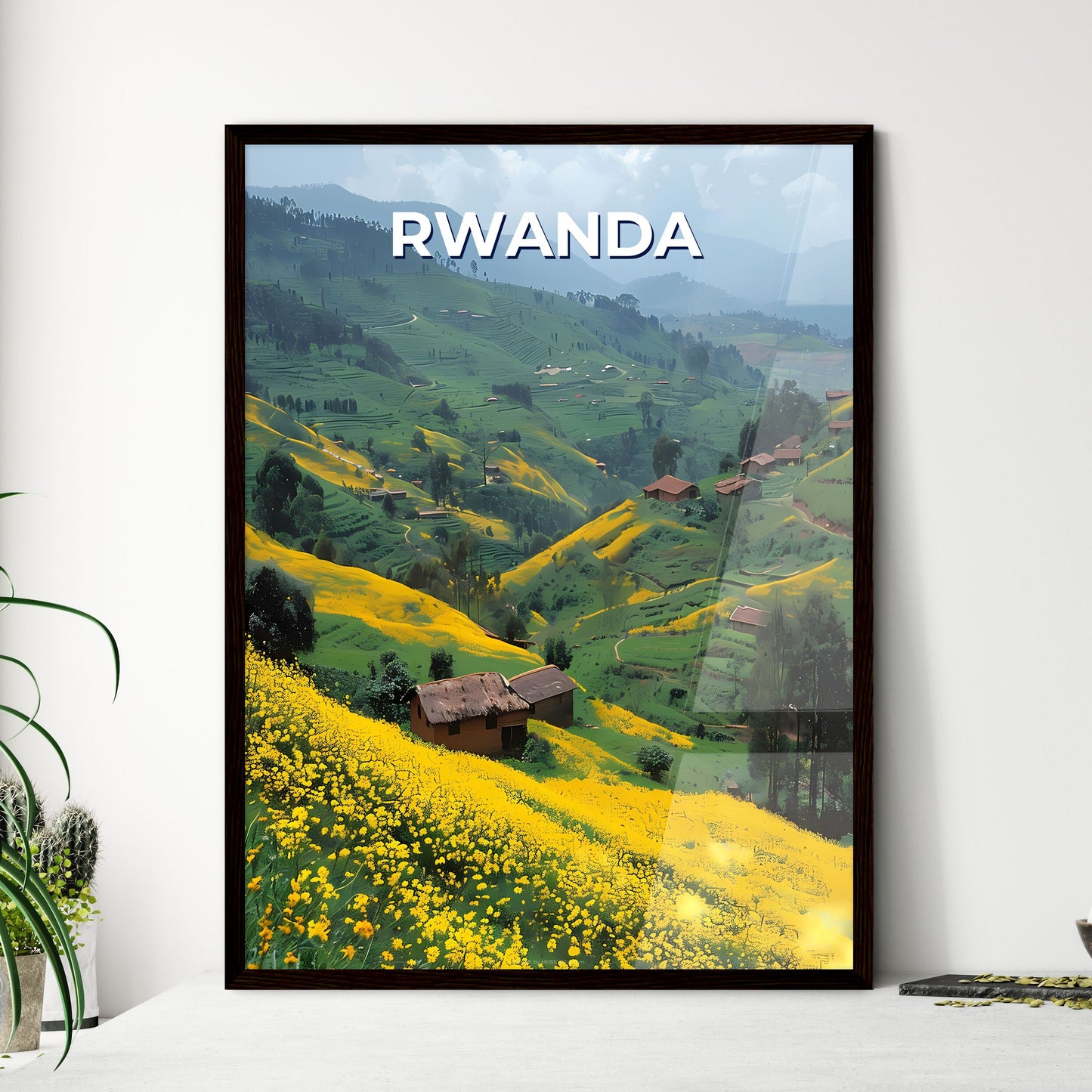 Vibrant Rwanda Hillscape Painting Depicting Lush Greenery, Golden Blooms, and Traditional Houses