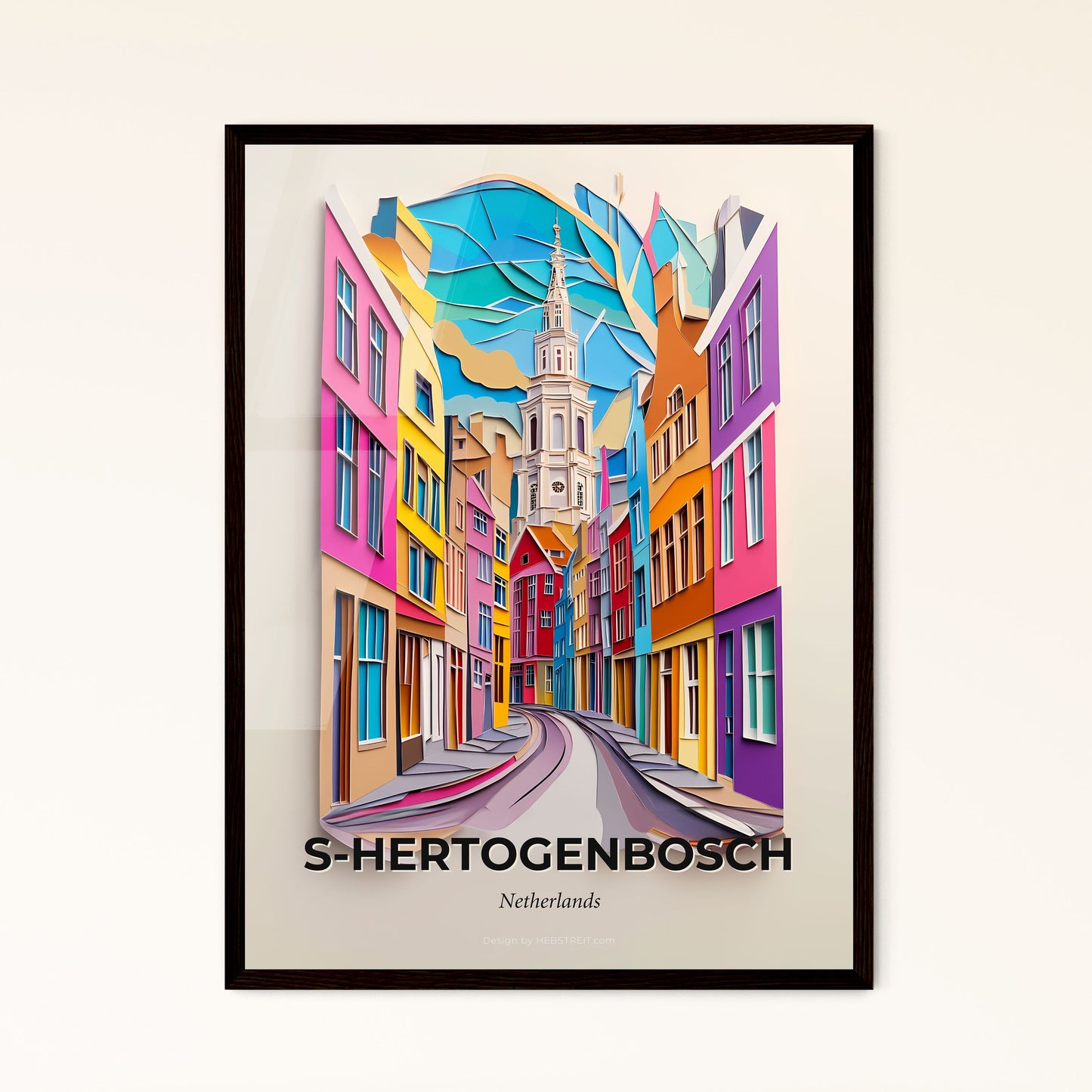 Vivid  s-Hertogenbosch, Netherlands - a painting of a street with a church steeple in the background