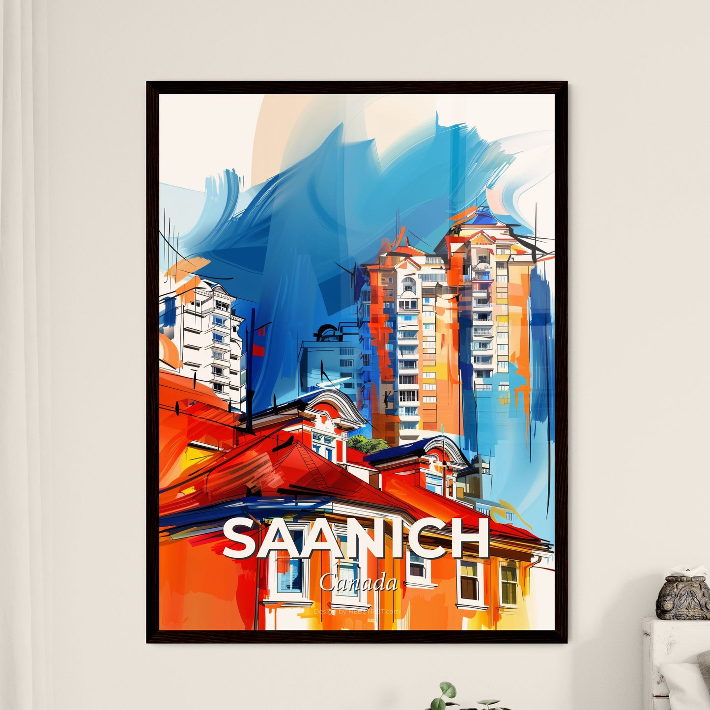 Vibrant Saanich, Canada - A Painting Of Buildings And A City