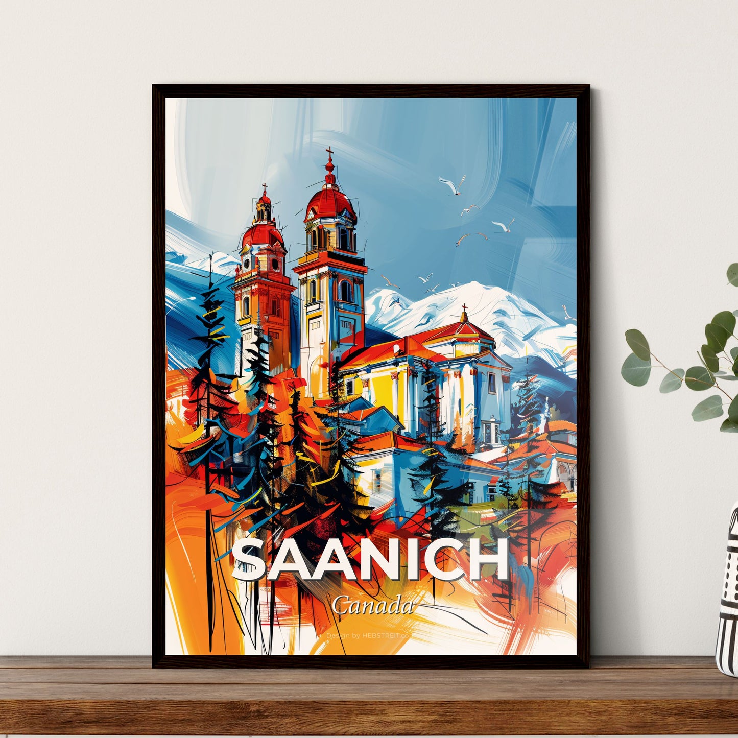 Vibrant Saanich, Canada - A Painting Of A Building With Trees And Mountains In The Background