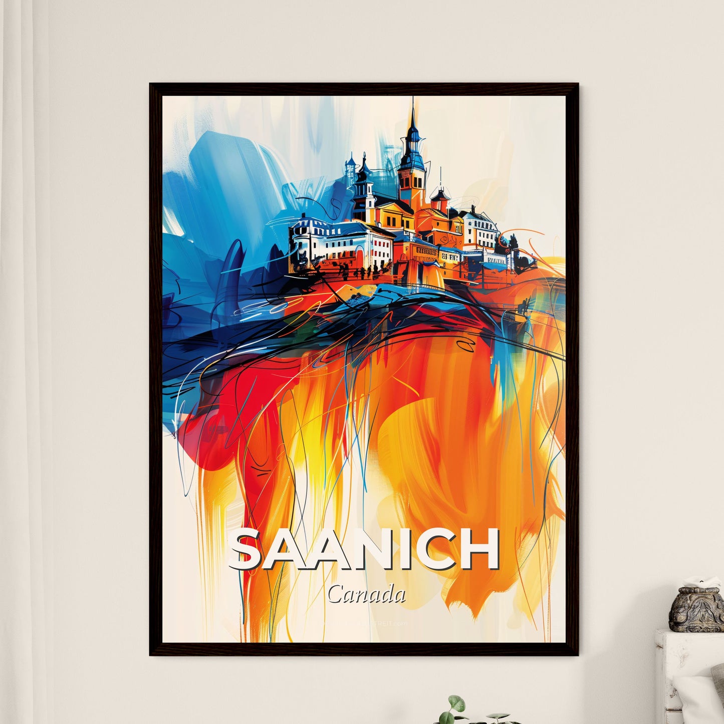 Vibrant Saanich, Canada - A Painting Of A Building On A Colorful Background