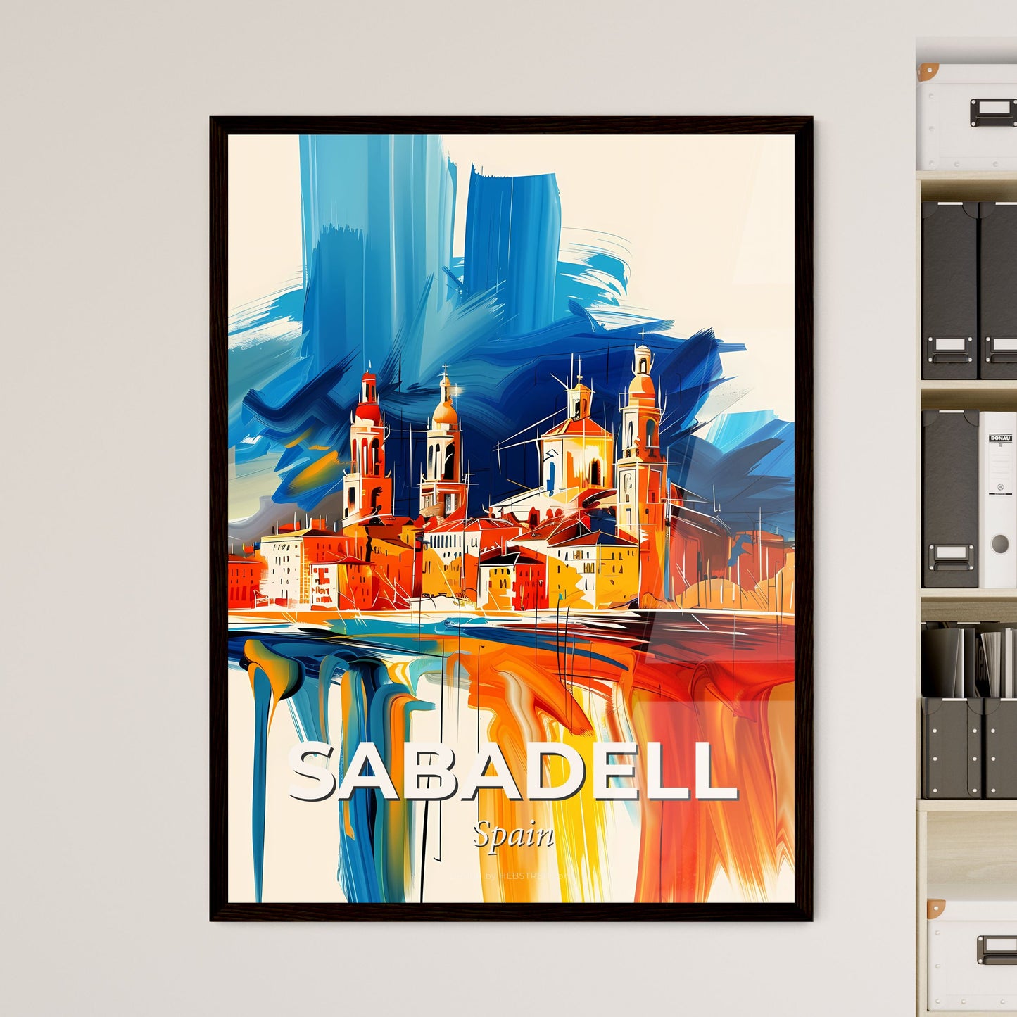 Vibrant Sabadell, Spain - A Painting Of A Skyline With A Colorful Building