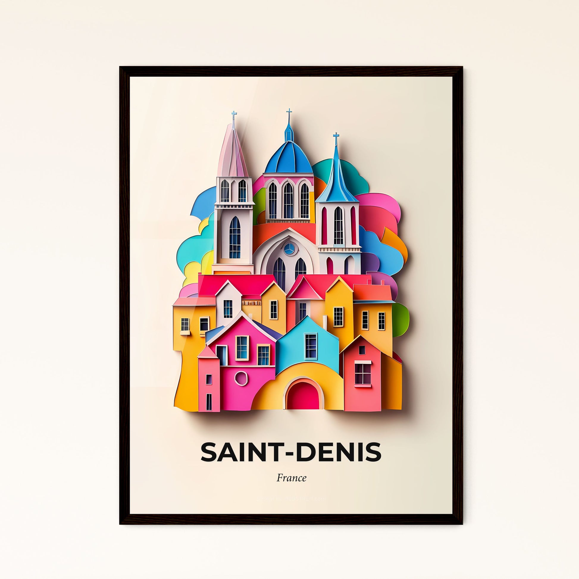 Vivid Saint-Denis, France - a colorful city with a church and a rainbow cloud