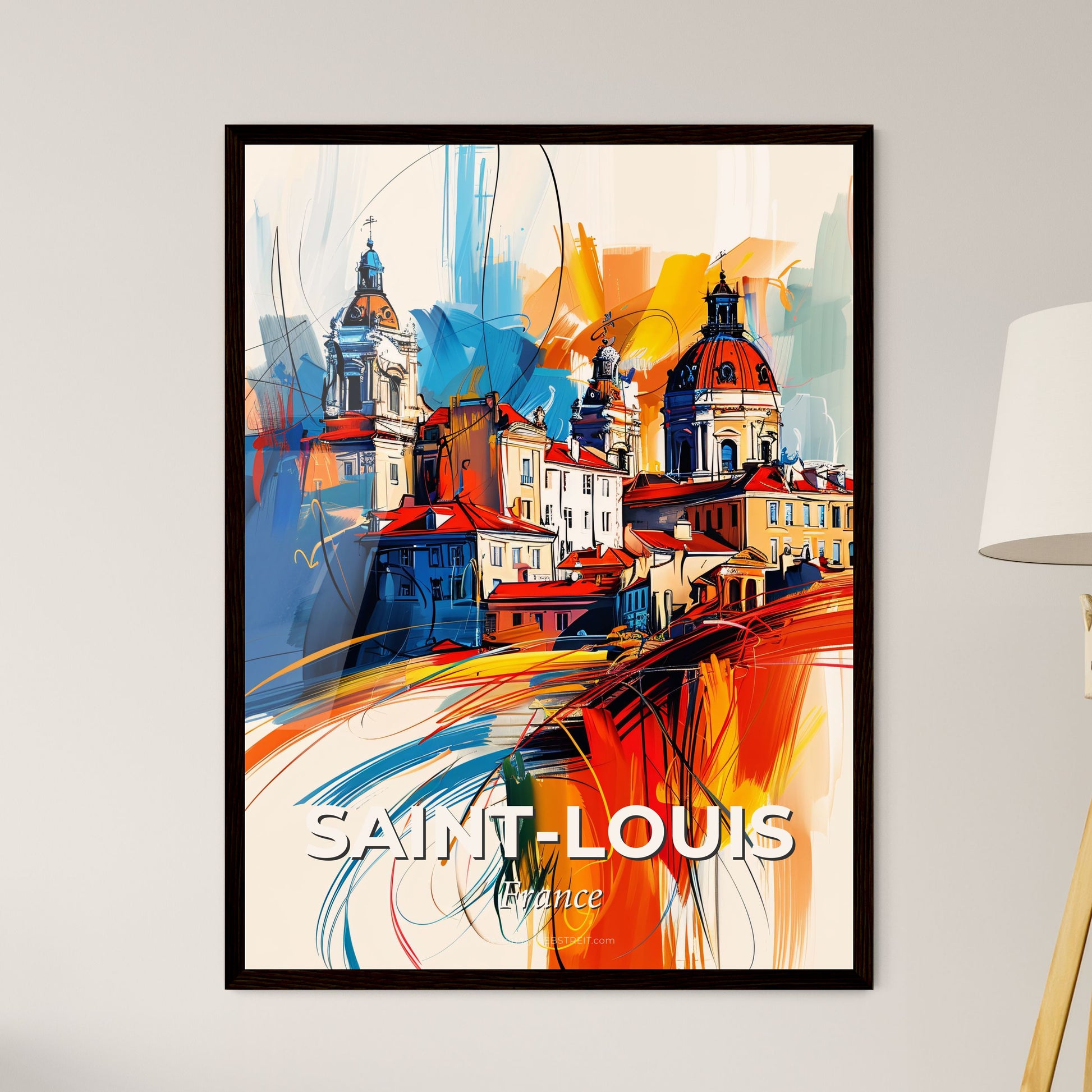 Vibrant Saint-Louis, France - A Painting Of A Building With A Colorful Background