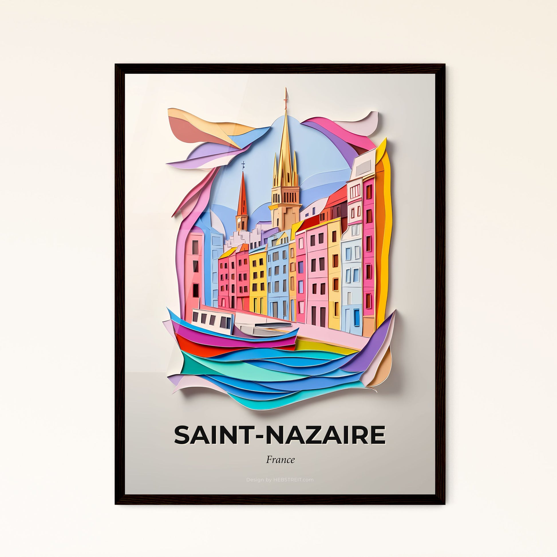 Vivid Saint-Nazaire, France - a paper cut of a city with a boat