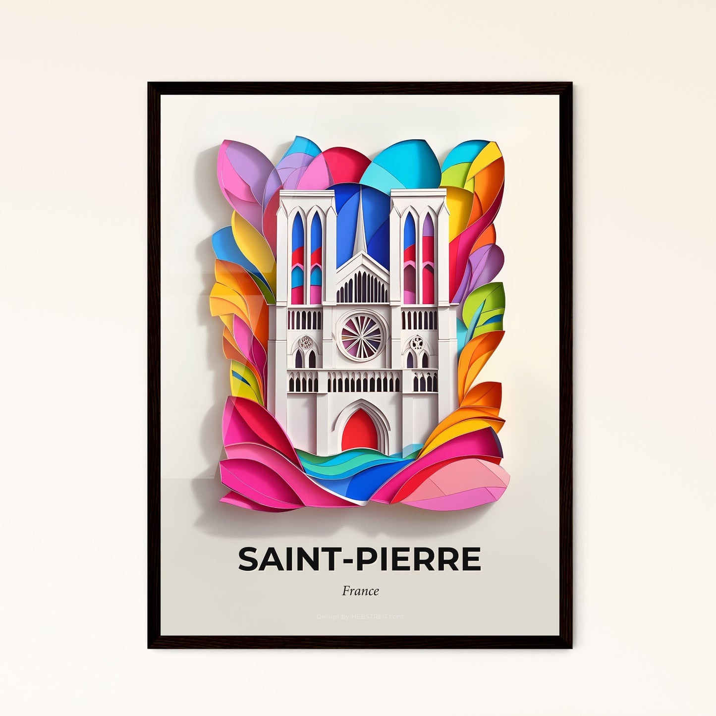 Vivid Saint-Pierre, France - a paper cut of a church with a rainbow swirl