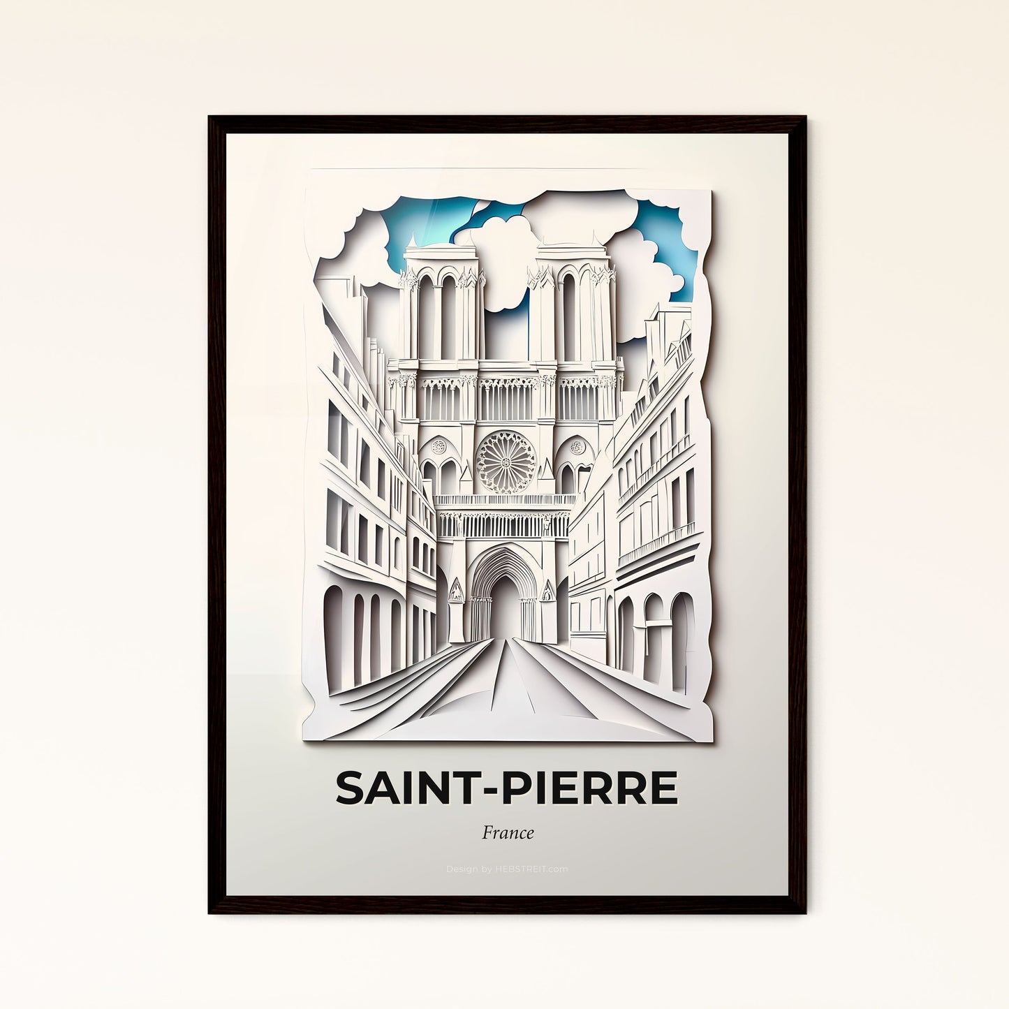 Vivid Saint-Pierre, France - a paper cut of a cathedral with a clock