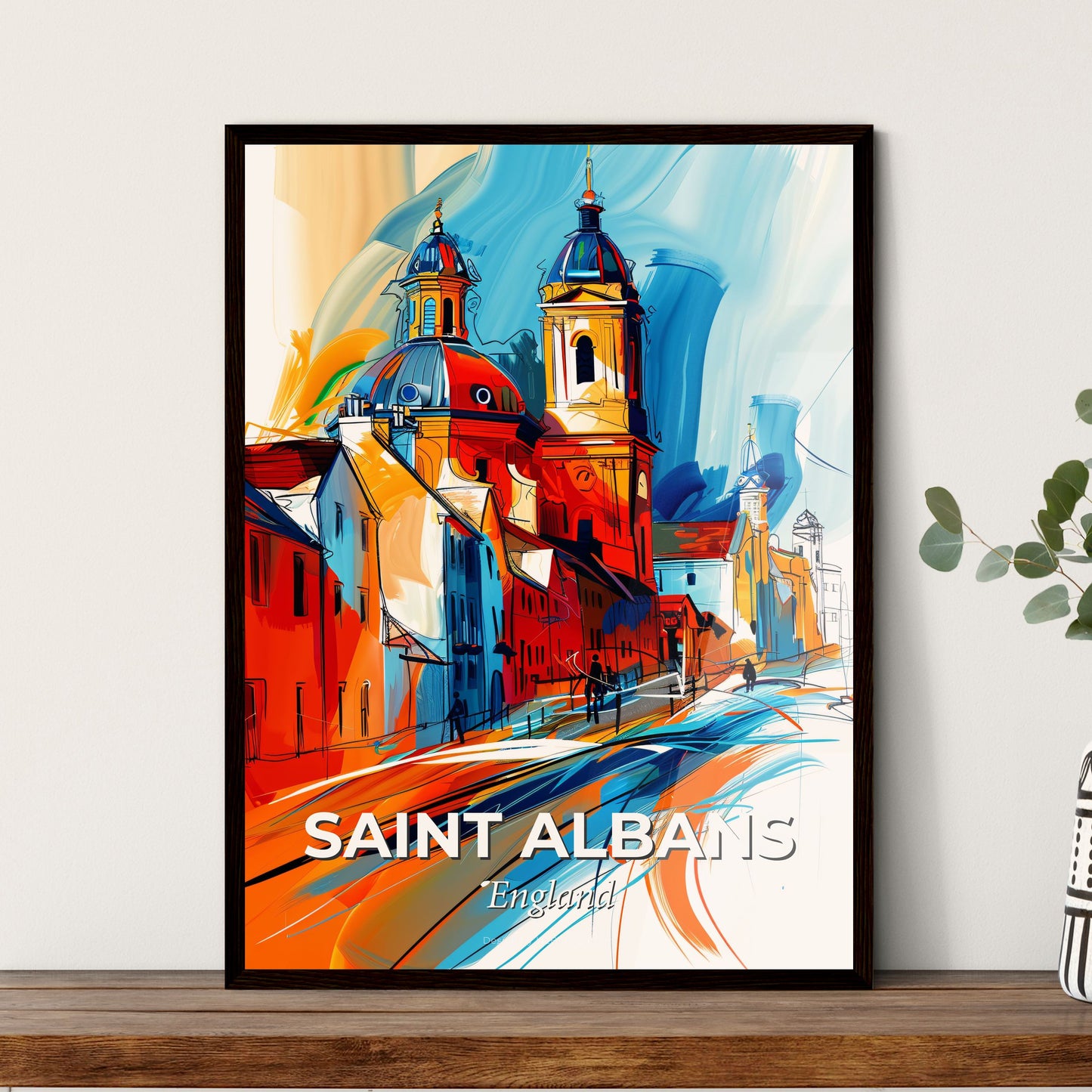 Vibrant Saint Albans, England - A Painting Of A Street With Buildings And A Church