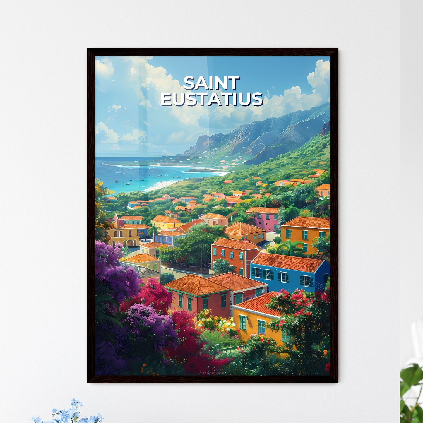 Saint Eustatius Hillside Colorful Abstract Art Houses Painting Caribbean Ocean Framed Art