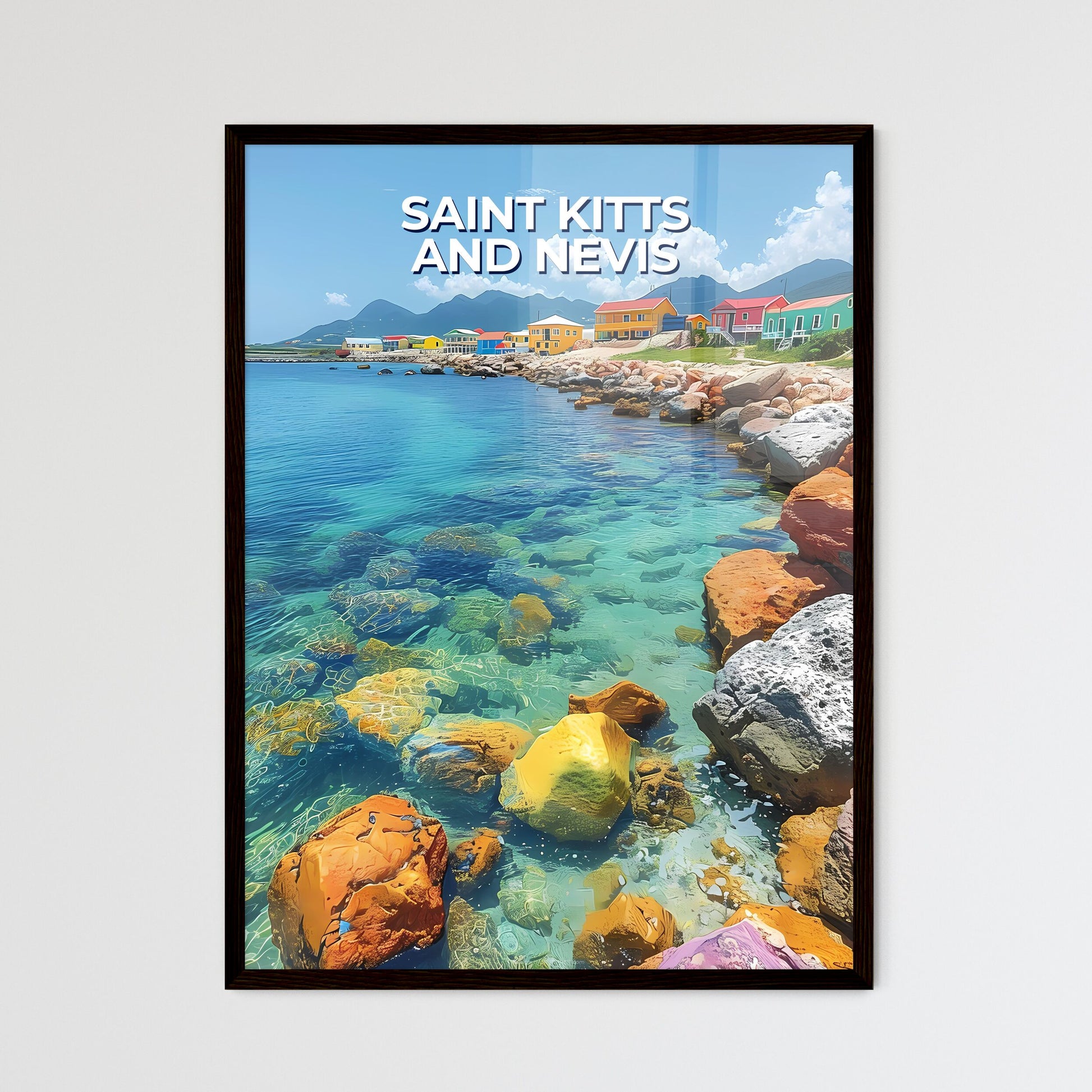 Colorful Houses on Rocky Caribbean Shore | A - Framed Art Print