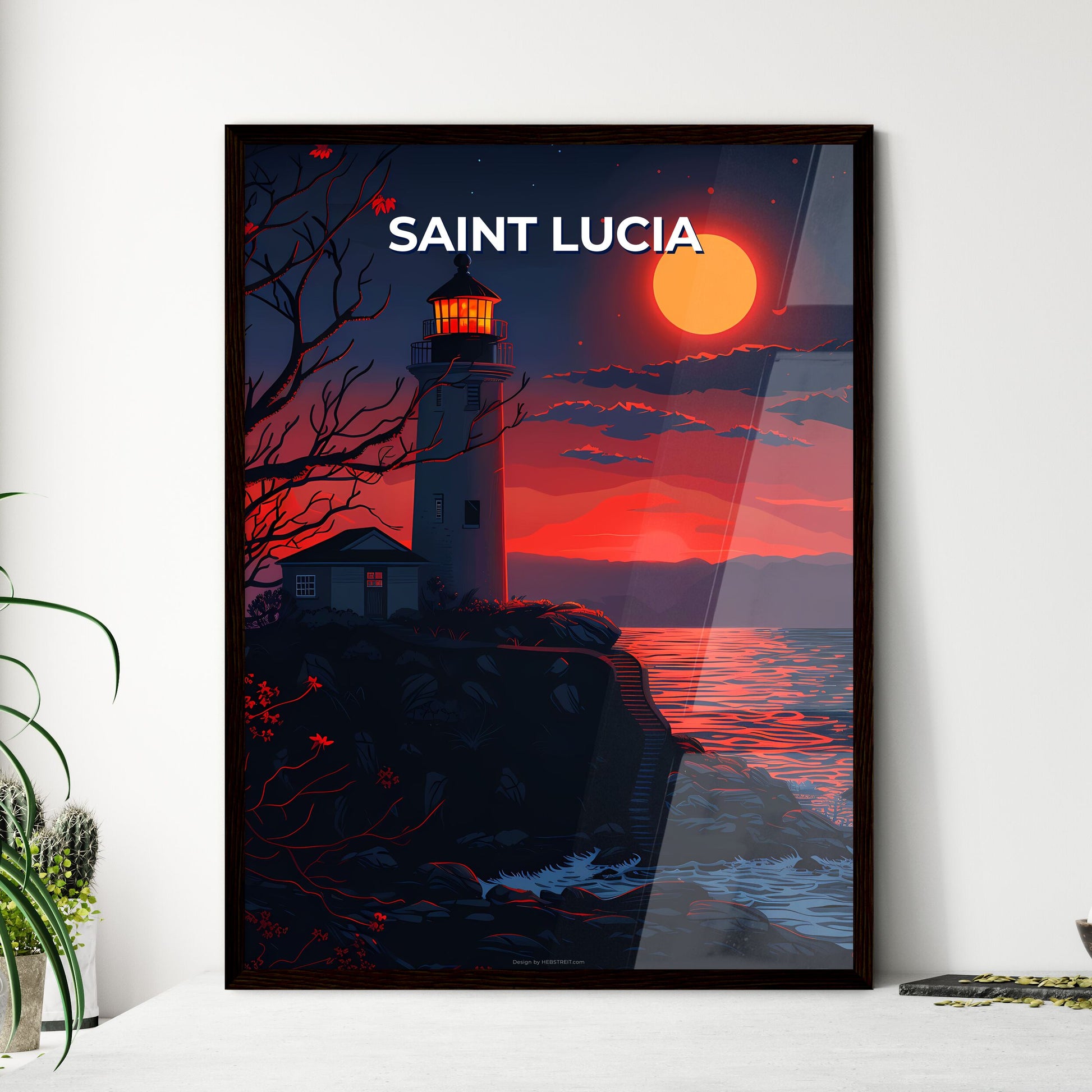 Lighthouse on Hilltop, Saint Lucia, Caribbean, Artwork, Vibrant Painting, Rocky Coast, House, Tree, Ocean, Blue Sky Framed Art