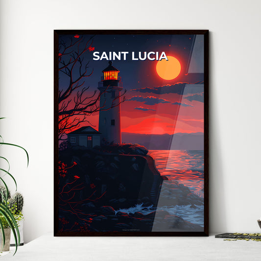 Lighthouse on Hilltop, Saint Lucia, Caribbean, Artwork, Vibrant Painting, Rocky Coast, House, Tree, Ocean, Blue Sky Framed Art