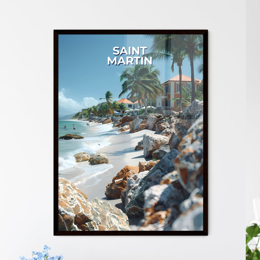 Vibrant Artistic Beach Scene with Homes and  - Framed Art Print