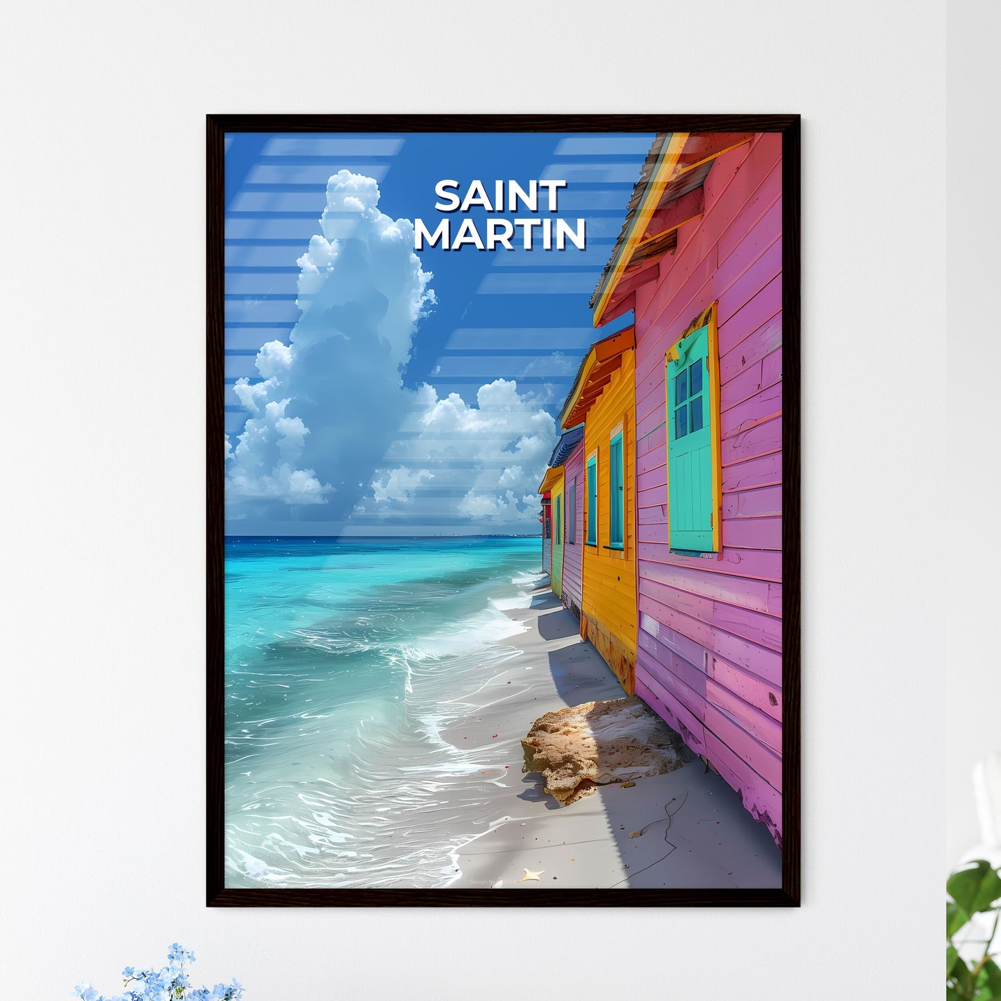 Vibrant Artwork Depicting Colorful Beachfront Buildings in Saint Martin, North America