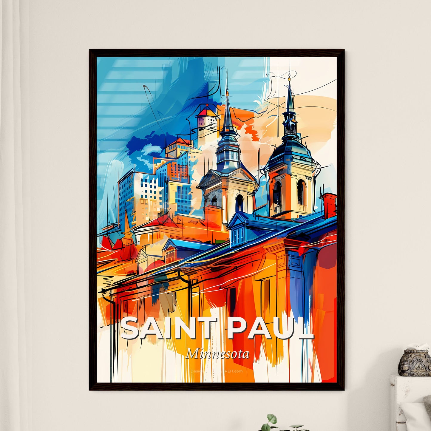 Vibrant Saint Paul, Minnesota - A Colorful Painting Of A Building With Towers And Buildings In The Background