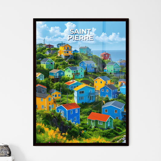 Colorful houses on a hill in Saint Pierre and Miquelon, North America - vibrant painting, art Framed Art