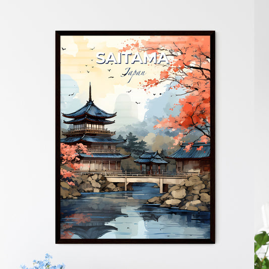 Vibrant Art Painting of Saitama Japan Skyline Depicting a Pagoda and Bridge over a River Default Title