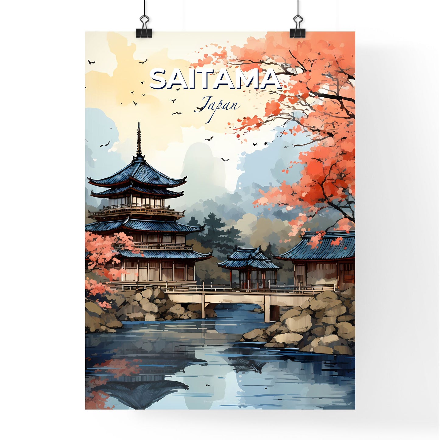 Vibrant Art Painting of Saitama Japan Skyline Depicting a Pagoda and Bridge over a River Default Title