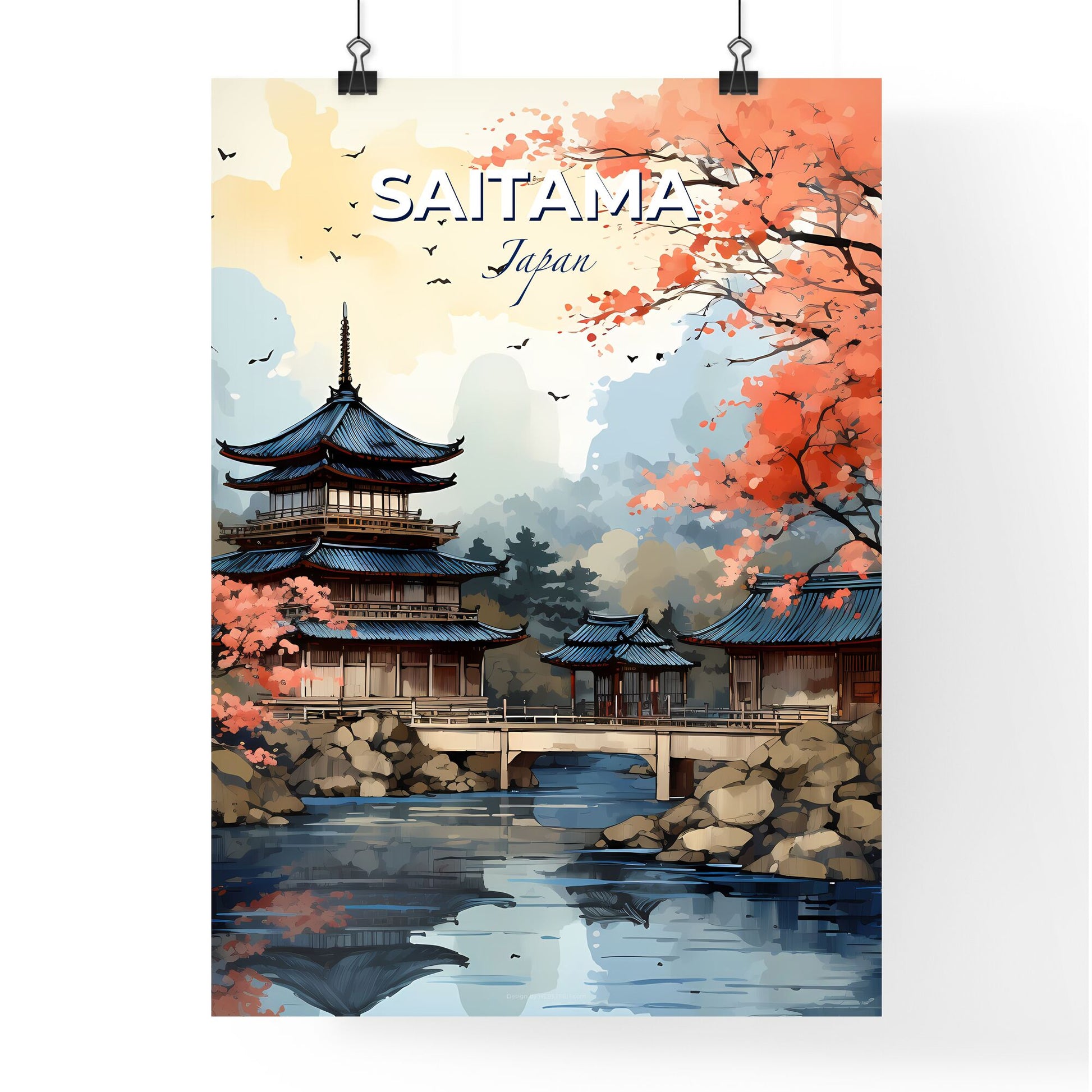 Vibrant Art Painting of Saitama Japan Skyline Depicting a Pagoda and Bridge over a River Default Title