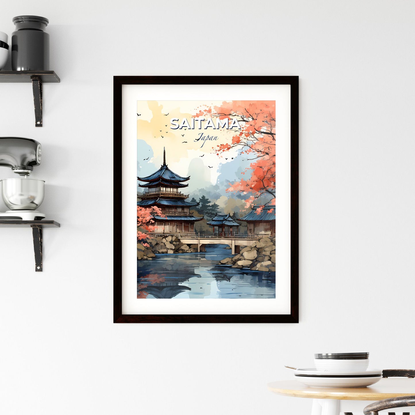 Vibrant Art Painting of Saitama Japan Skyline Depicting a Pagoda and Bridge over a River Default Title