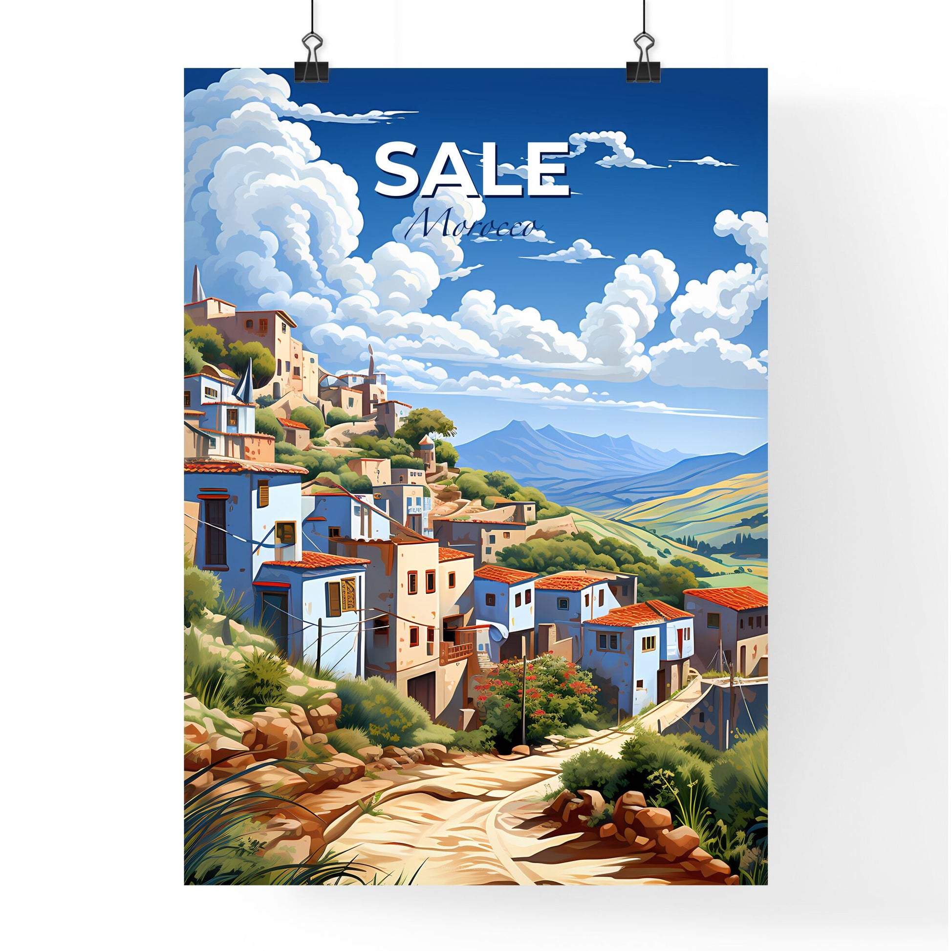 Vibrant Painting: Morocco Skyline Village Hilltop Art Default Title