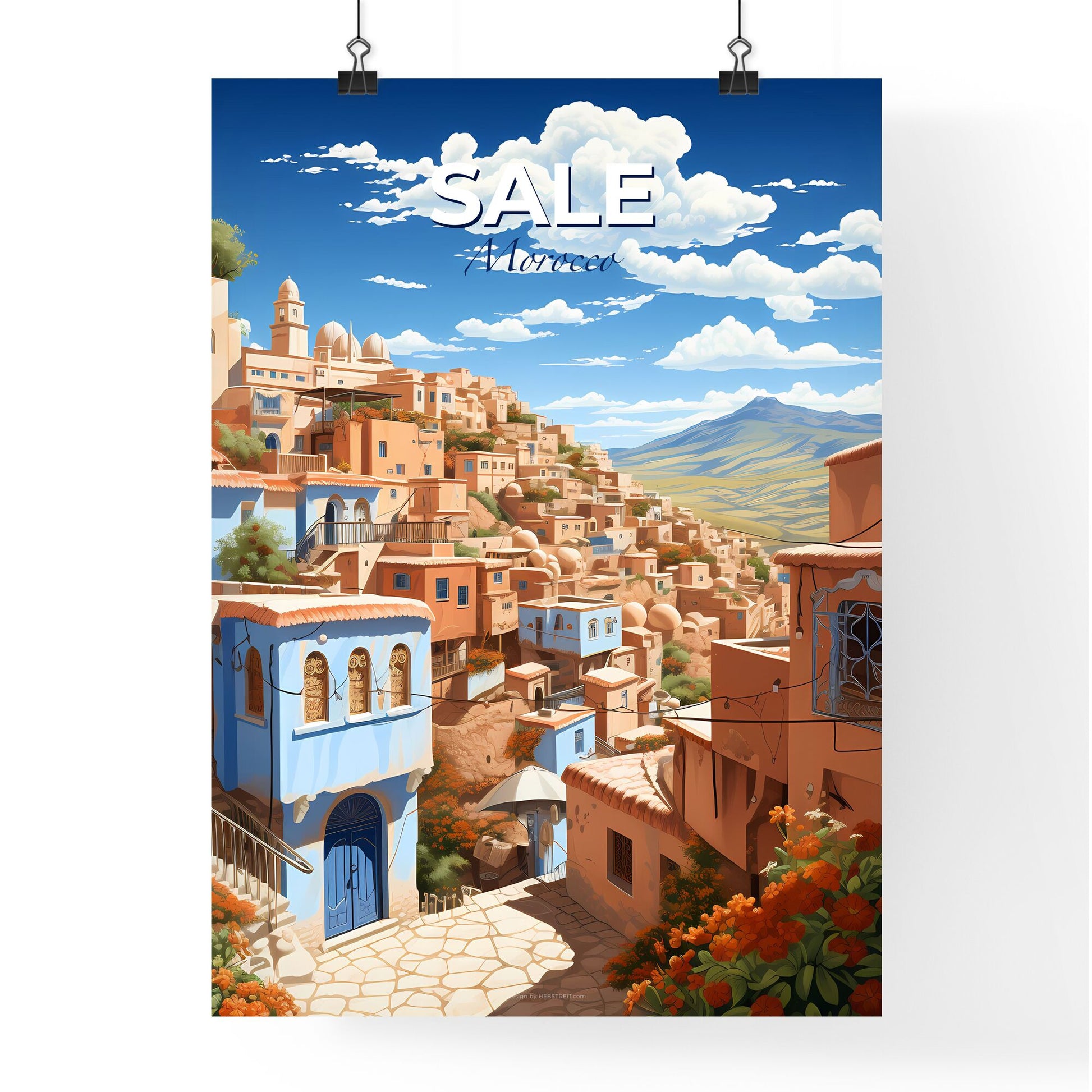 City Skyline Panorama Urban Artwork Vibrant Painting Colorful Houses Hillside Architecture Morocco Default Title