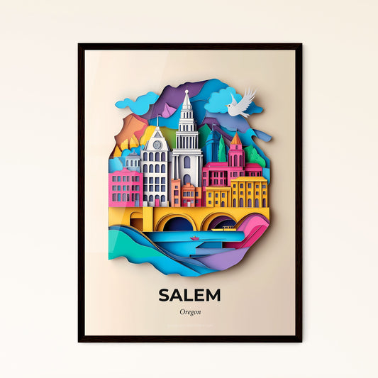 Vivid Salem, Oregon - a paper cut of a city with a bird flying over it