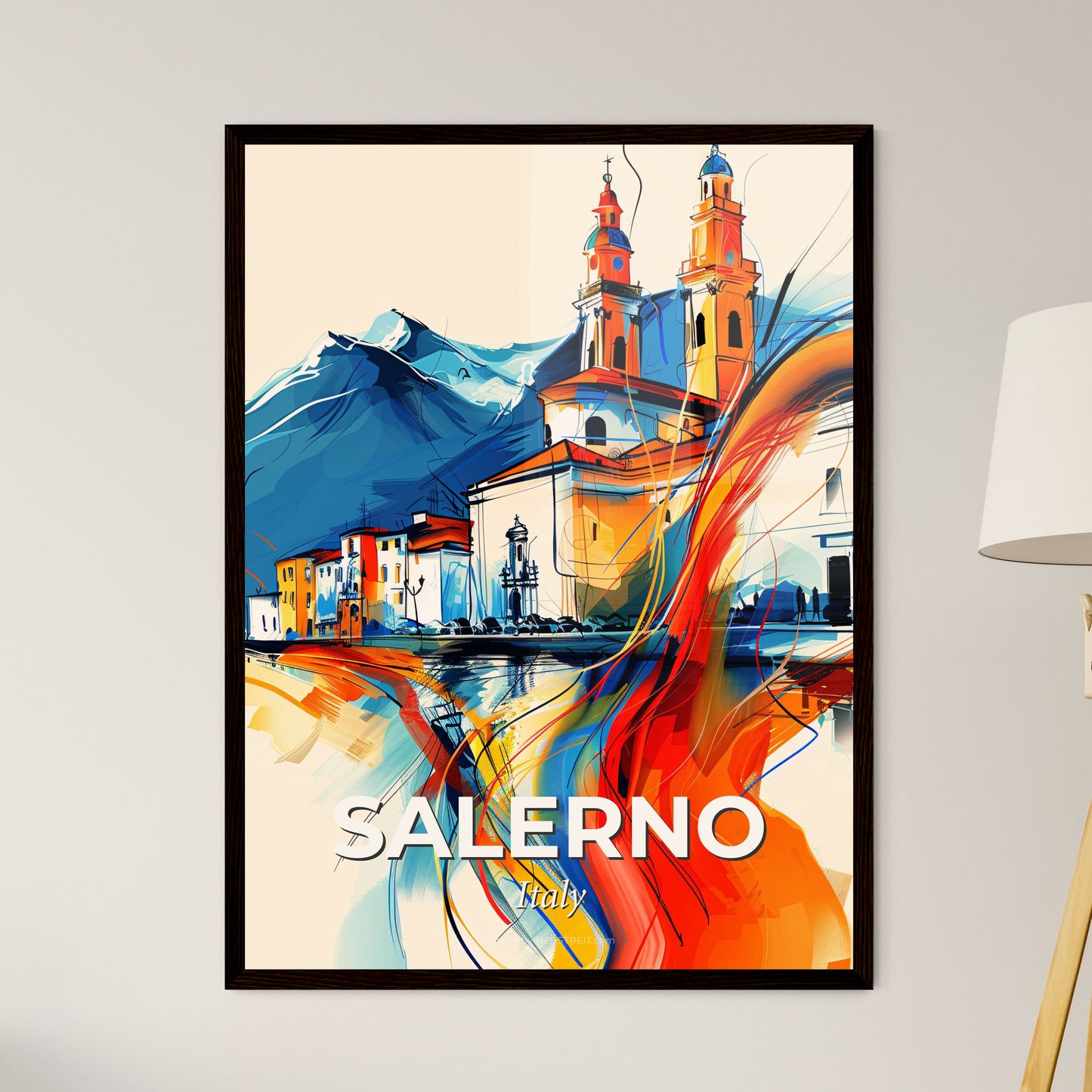 Vibrant Salerno, Italy - A Painting Of A Building With A Mountain In The Background