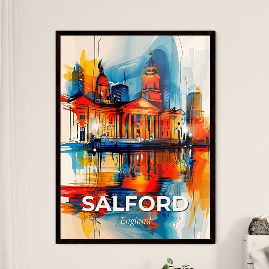 Vibrant Salford, England - A Painting Of A Building With A Tower And A Body Of Water