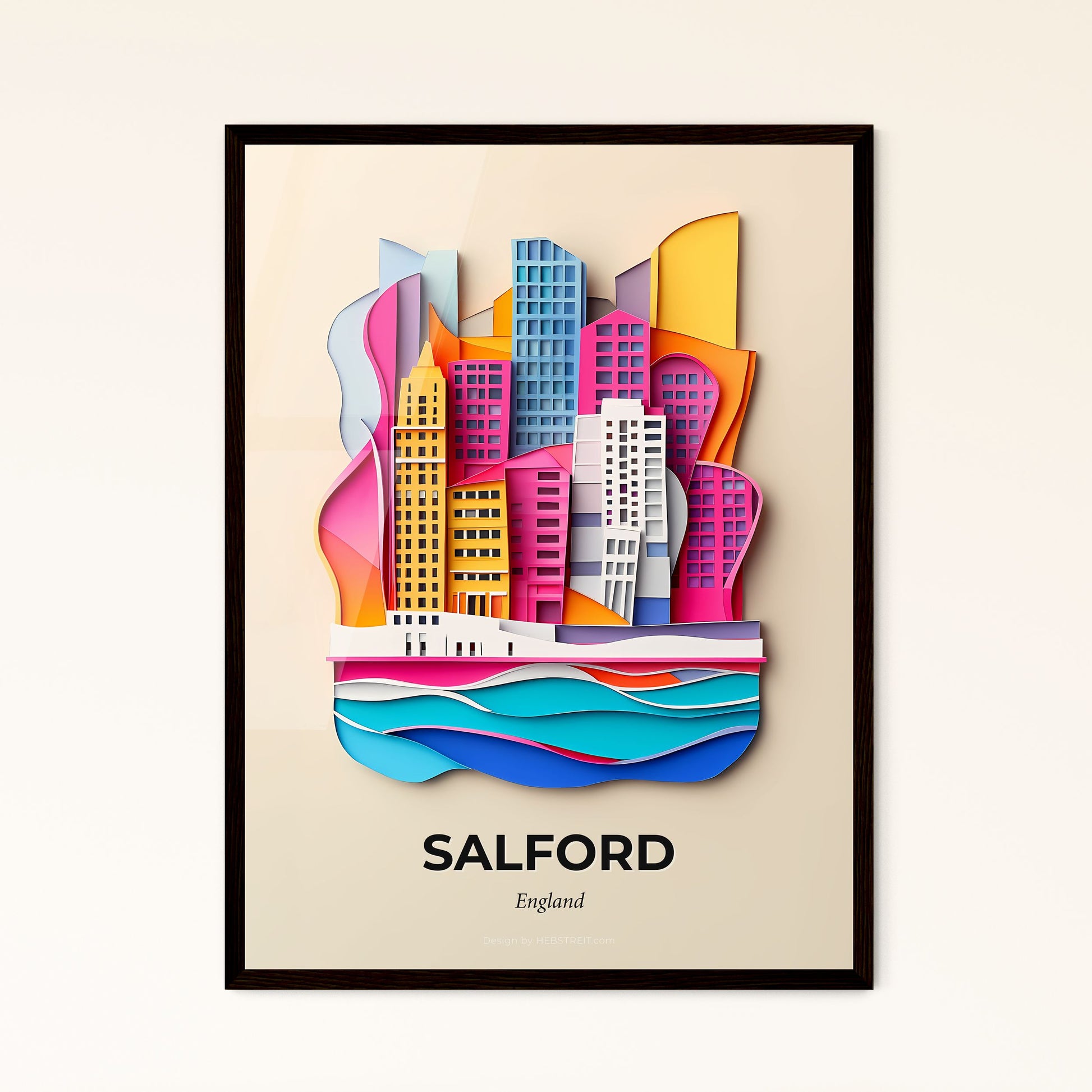 Vivid Salford, England - a paper cut of a city with a river