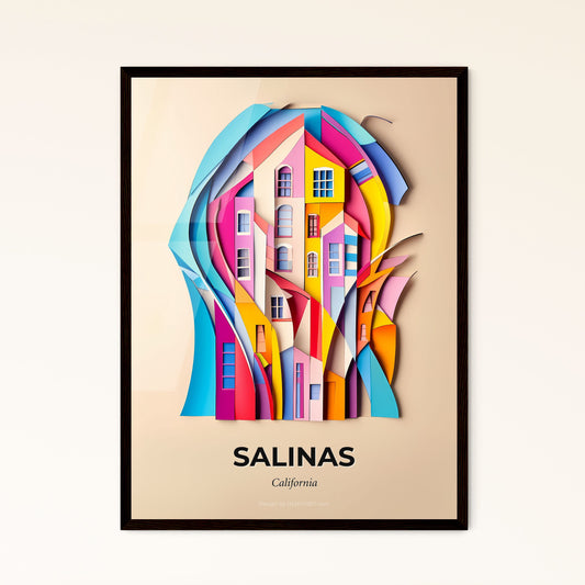 Vivid Salinas, California - a colorful paper cut of a building with a bird flying around