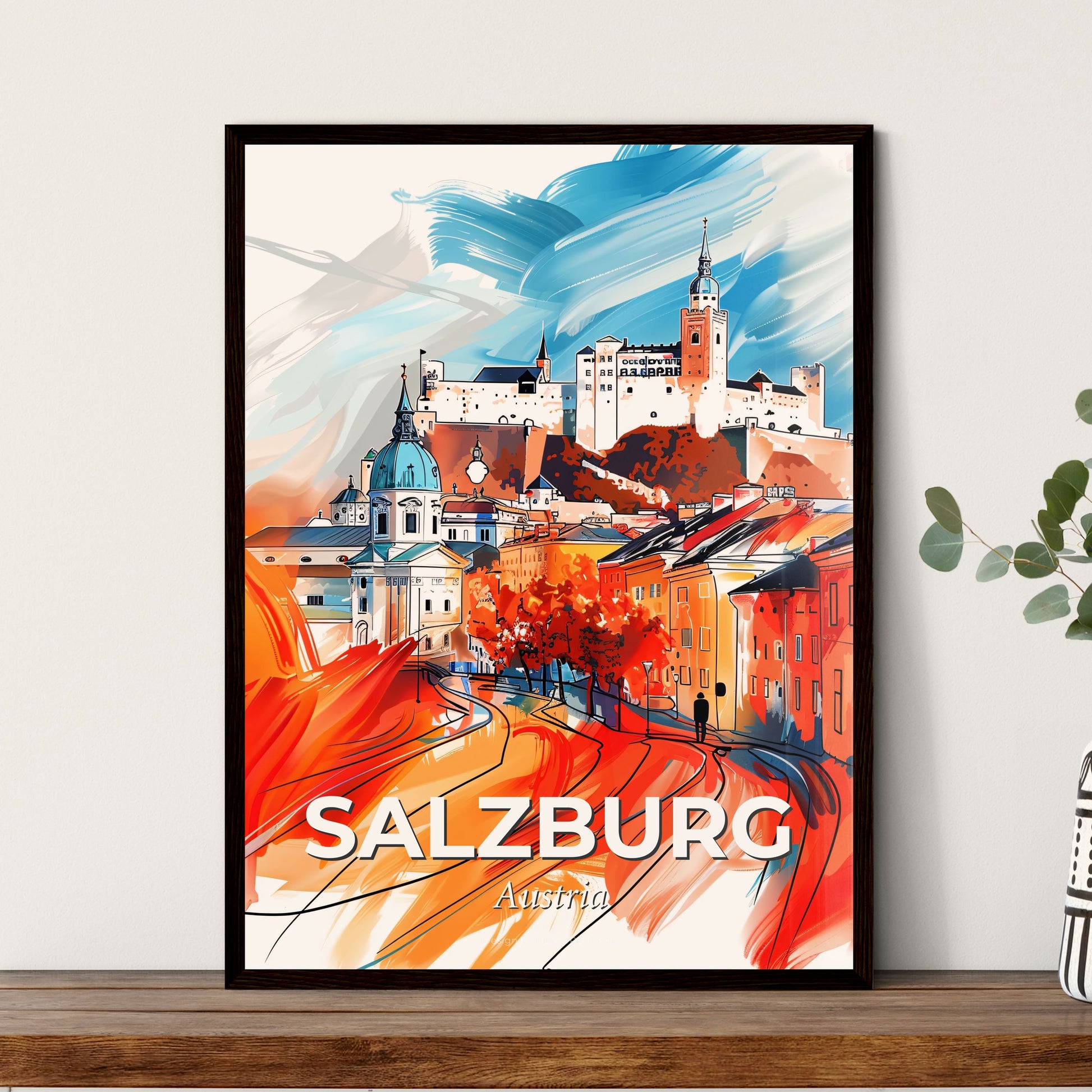 Vibrant Salzburg, Austria - A Painting Of A Castle On A Hill