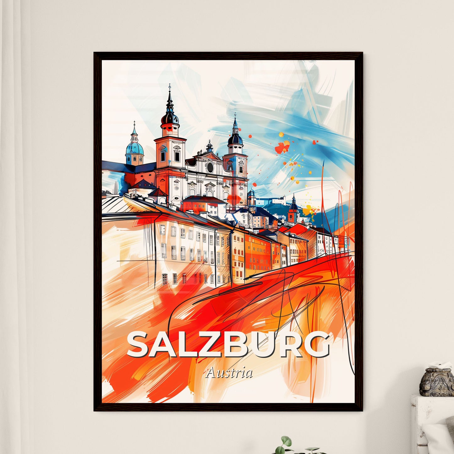 Vibrant Salzburg, Austria - A Painting Of A Building With Towers And A Red And Blue Background