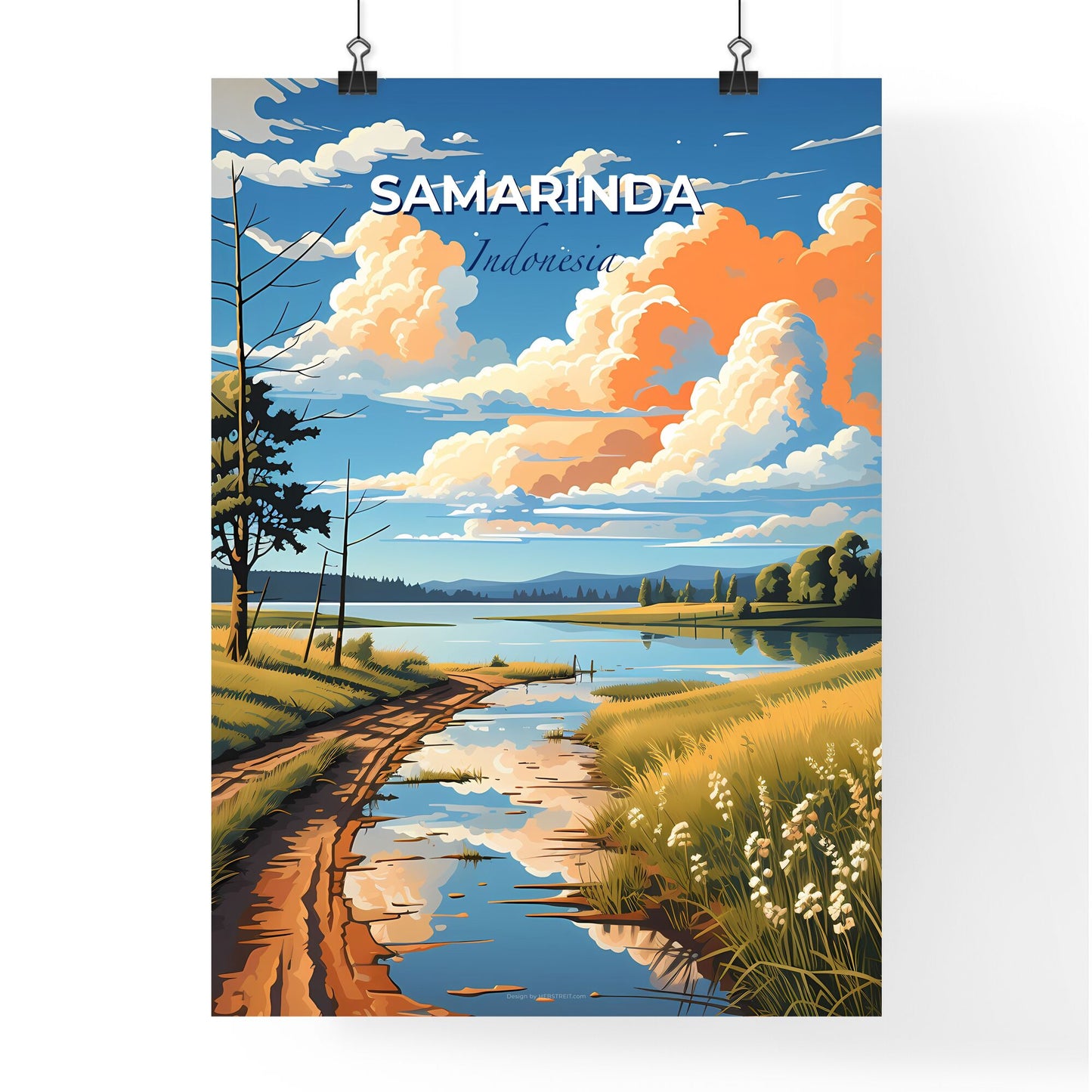 Samarinda Skyline Landscape Cityscape Road Water Trees Vibrant Painting Artistic Default Title