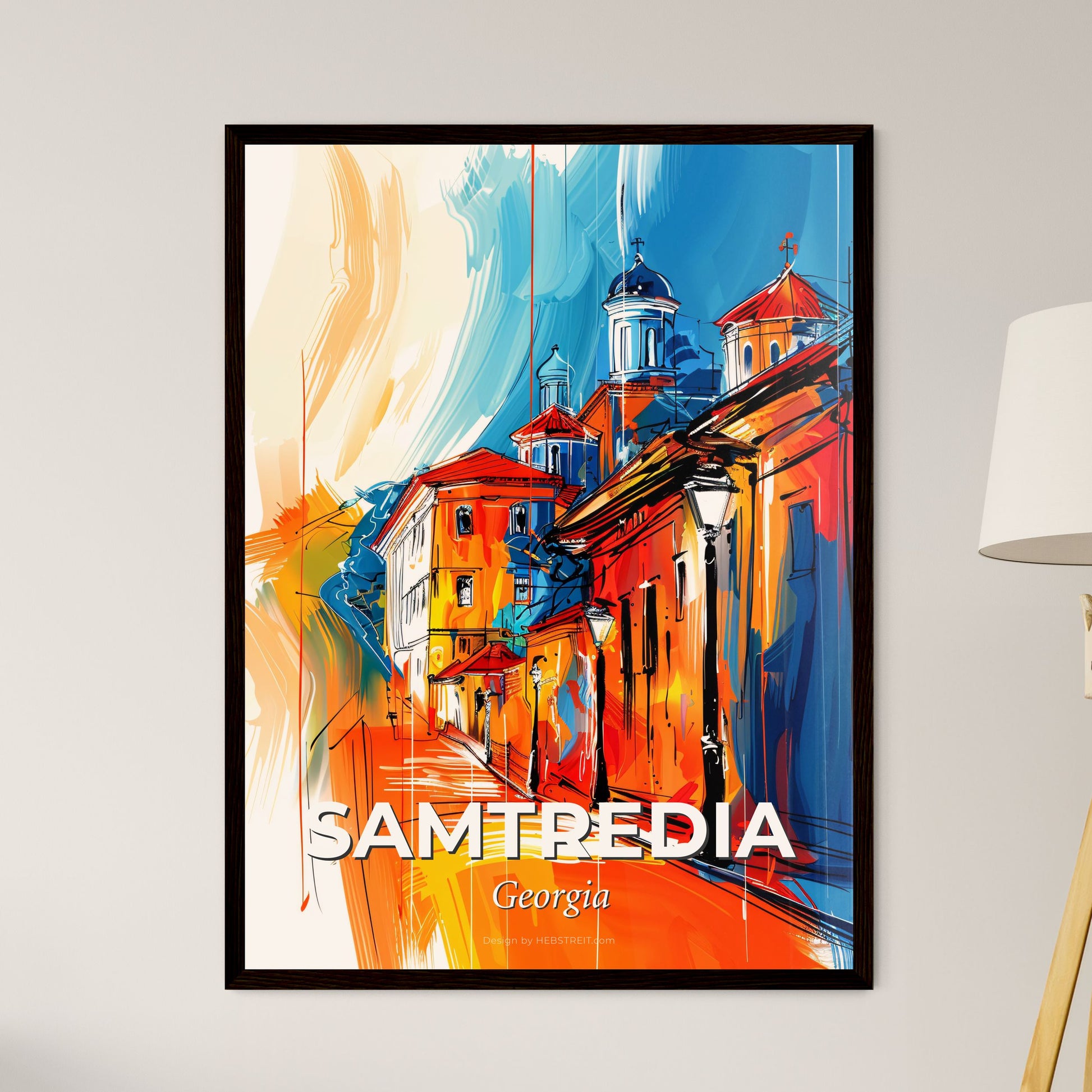 Vibrant Samtredia, Georgia - A Painting Of A Street With Buildings