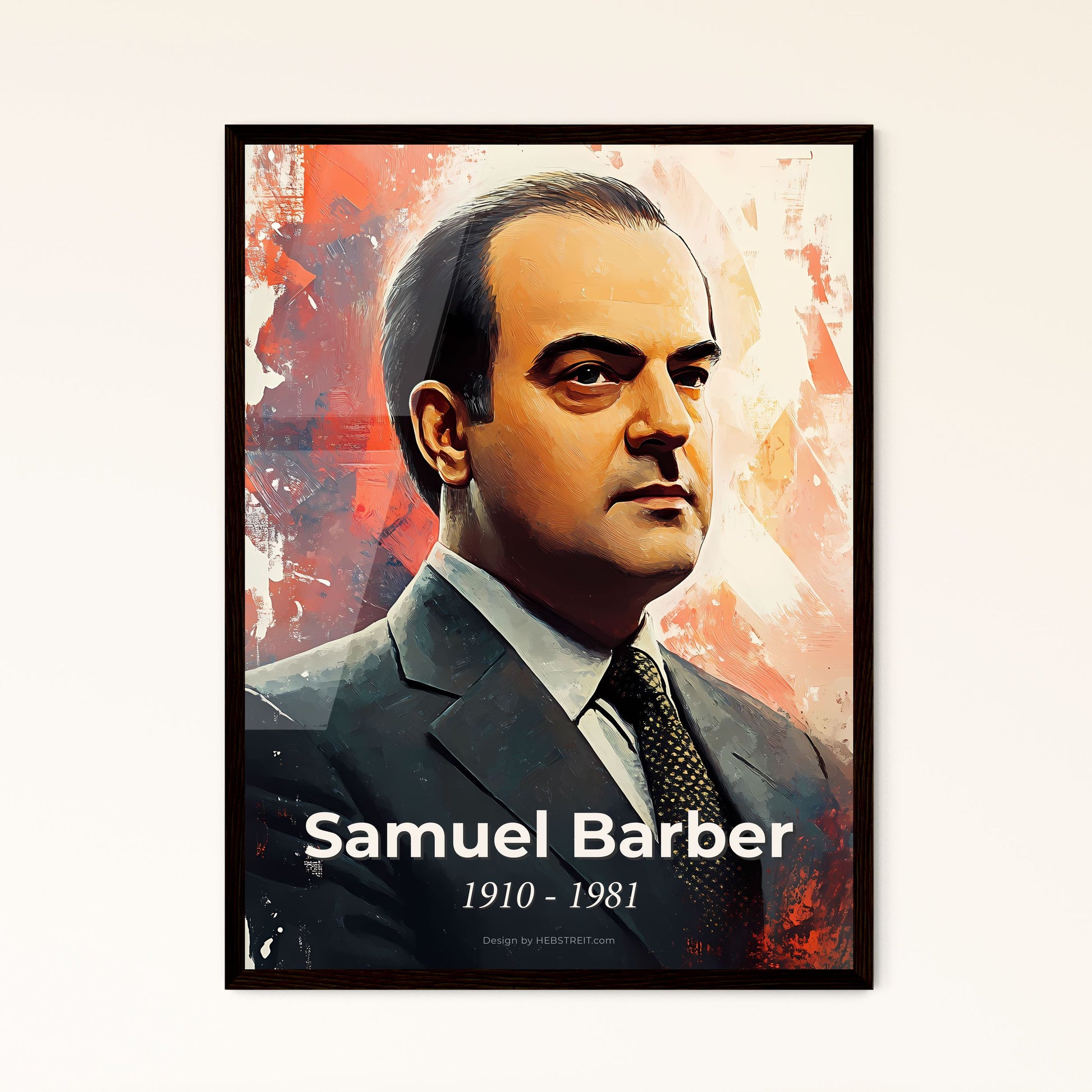 Portrait of Samuel Barber, 1910 - 1981. Impressionistic painting of a man in a suit.