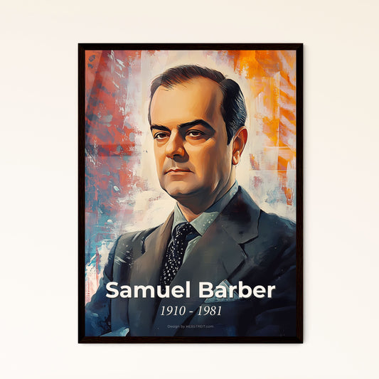 Portrait of Samuel Barber, 1910 - 1981. Impressionistic painting of a man in a suit.