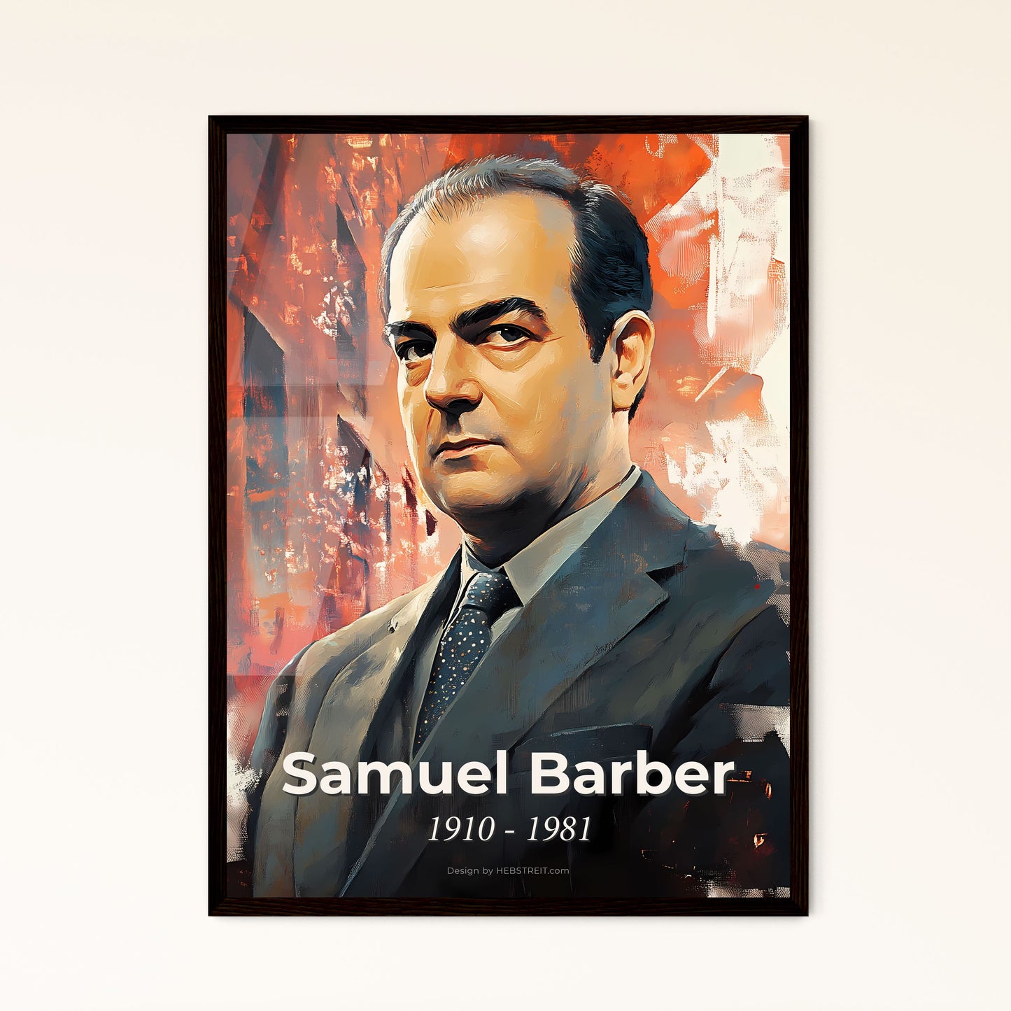 Portrait of Samuel Barber, 1910 - 1981. Impressionistic painting of a man in a suit.