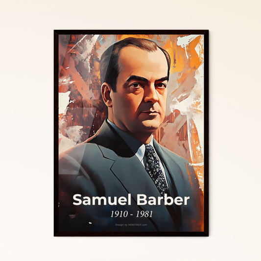 Portrait of Samuel Barber, 1910 - 1981. Impressionistic painting of a man in a suit.