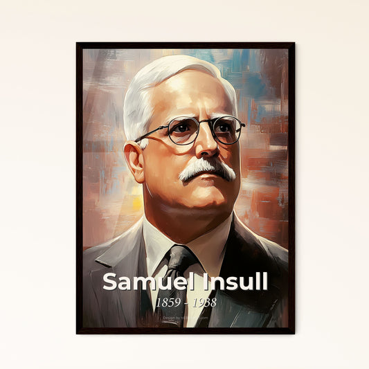 Portrait of Samuel Insull, 1859 - 1938. Impressionistic painting of a man with a mustache wearing glasses and a suit.